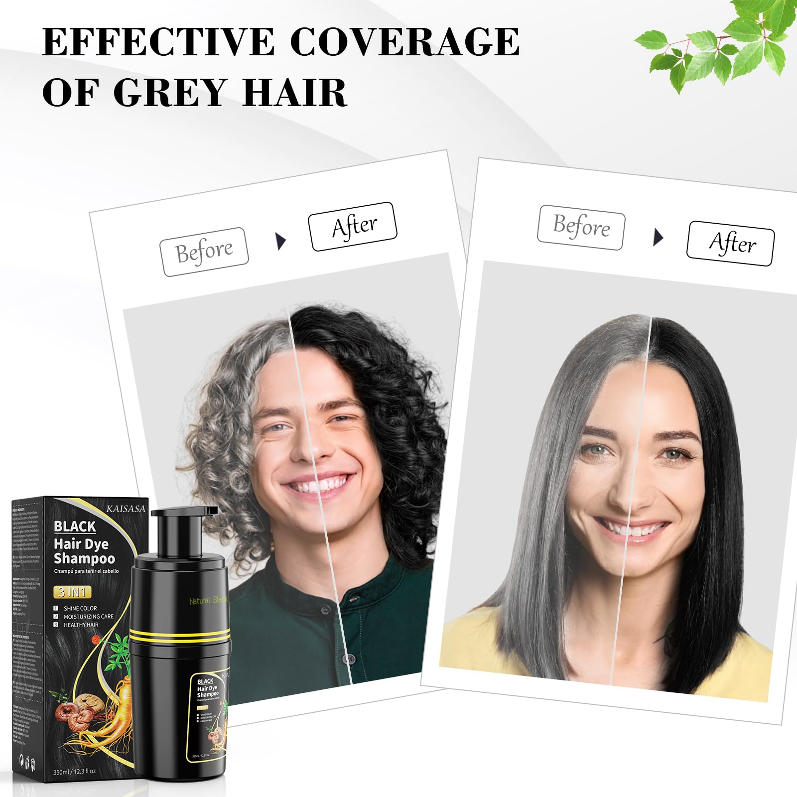 White Smoke KAISASA Black Hair Dye Shampoo 3 in 1, Hair Color Shampoo for Cover Grey Hair, Natural with Herbal Ingredient for Men and Women (Black)