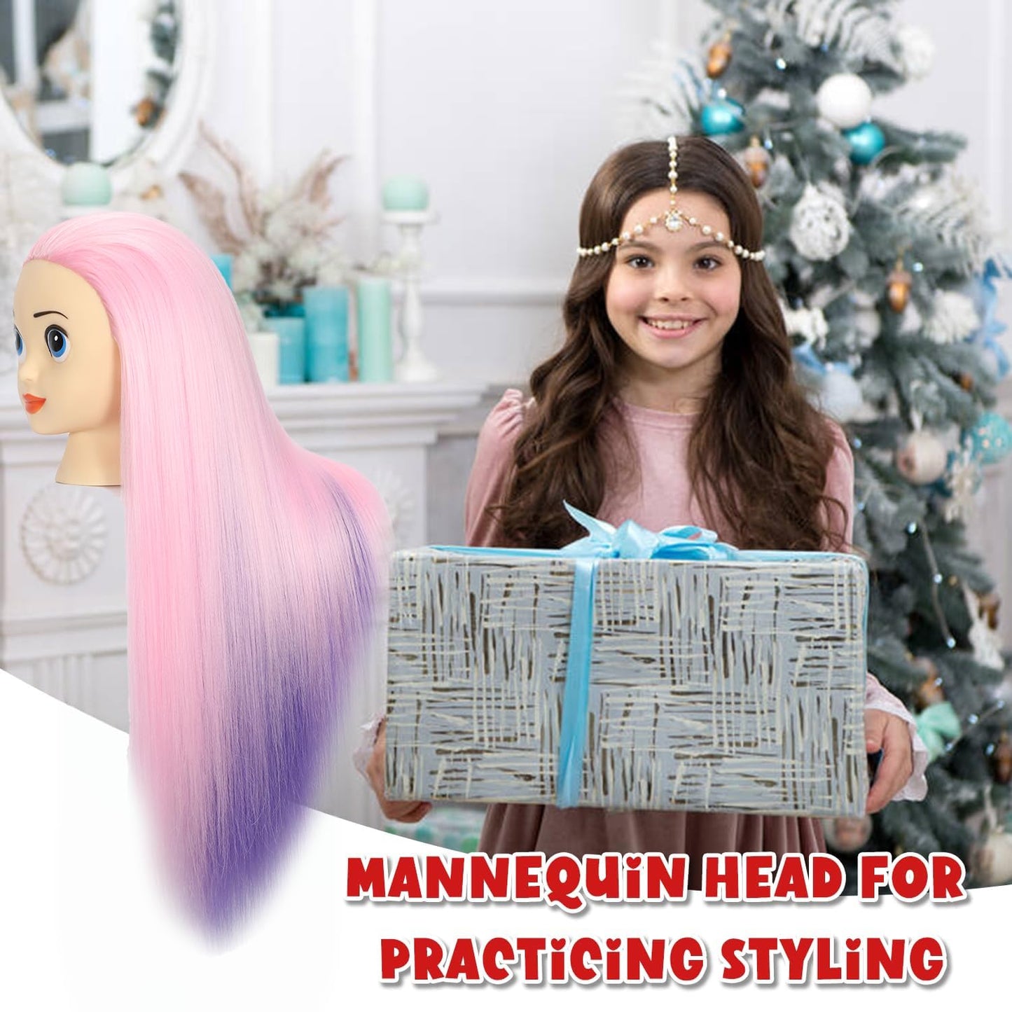 White Smoke Mannequin Head with 26 inch Long Synthetic Fiber Colorful Hair Styling Training Head Manikin Cosmetology Doll Head Hairdressing Training Model for Cutting Braiding Practice and Free Clamp Holder