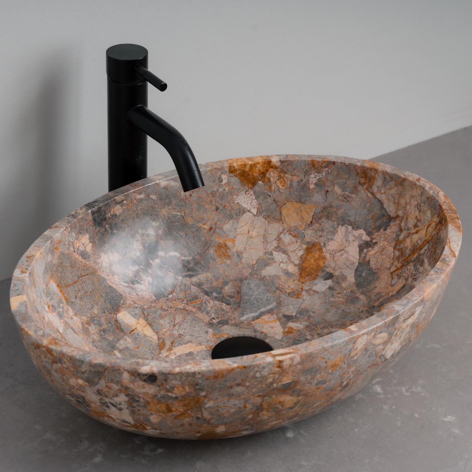 Gray Oval-Shaped Golden - Gray Marble Vessel Sink for Bathroom – 19" × 15" × 6"