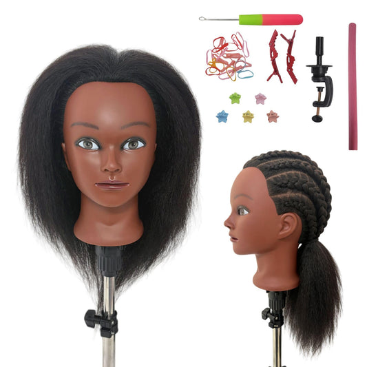 White Smoke 16" Black Mannequin Head for Braiding Practice, Mannequin Head with 100% Real Hair Cosmetology Training Doll Head for Hair Styling Kids