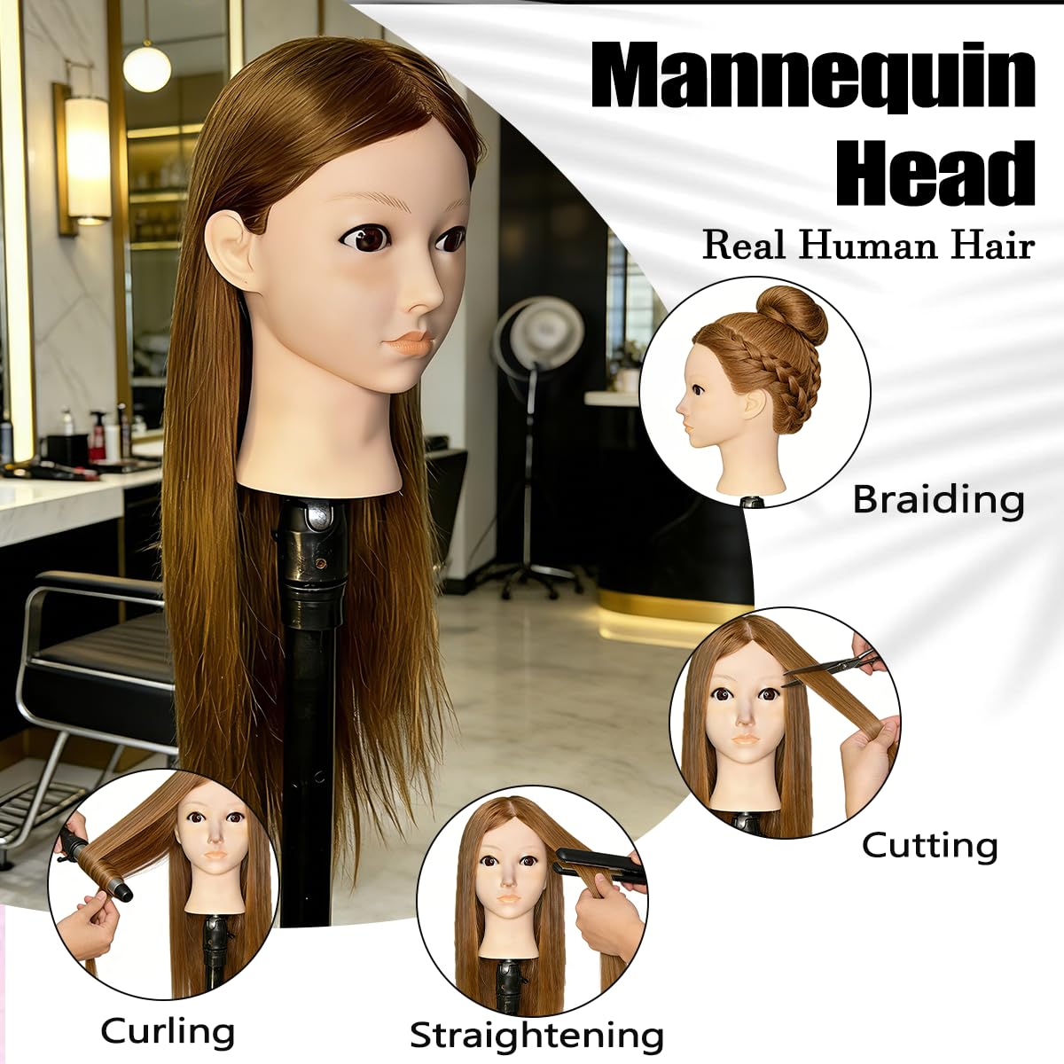 White Smoke Mannequin Head Human Hair For Braiding，Straight 22Inch Doll Head for Cosmetology & Hairdresser with Stand (Golden)