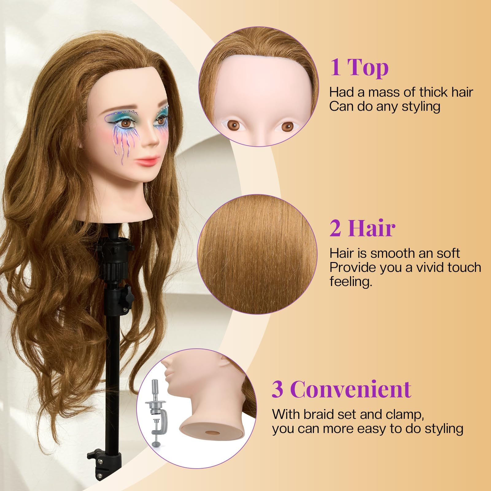 Light Goldenrod 28" Mannequin Head Human Hair - 80% Real Hair Mannequin Head for Makeup Practice, Cosmetology Manikin Doll Head for Hair Styling, Hairdressing Training Head for Braiding #27
