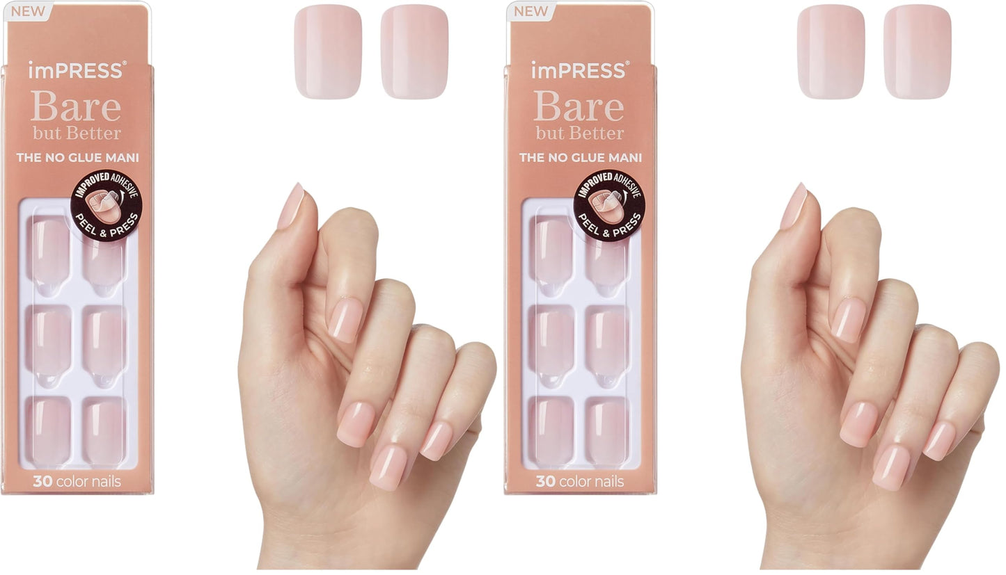 White Smoke Kiss Impress No Glue Mani Press On Nails, Bare but Better, 'Instinct', Pink, Short Size, Squoval Shape, Includes 30 Nails, Prep Pad, Instructions Sheet, 1 Manicure Stick, 1 Mini File