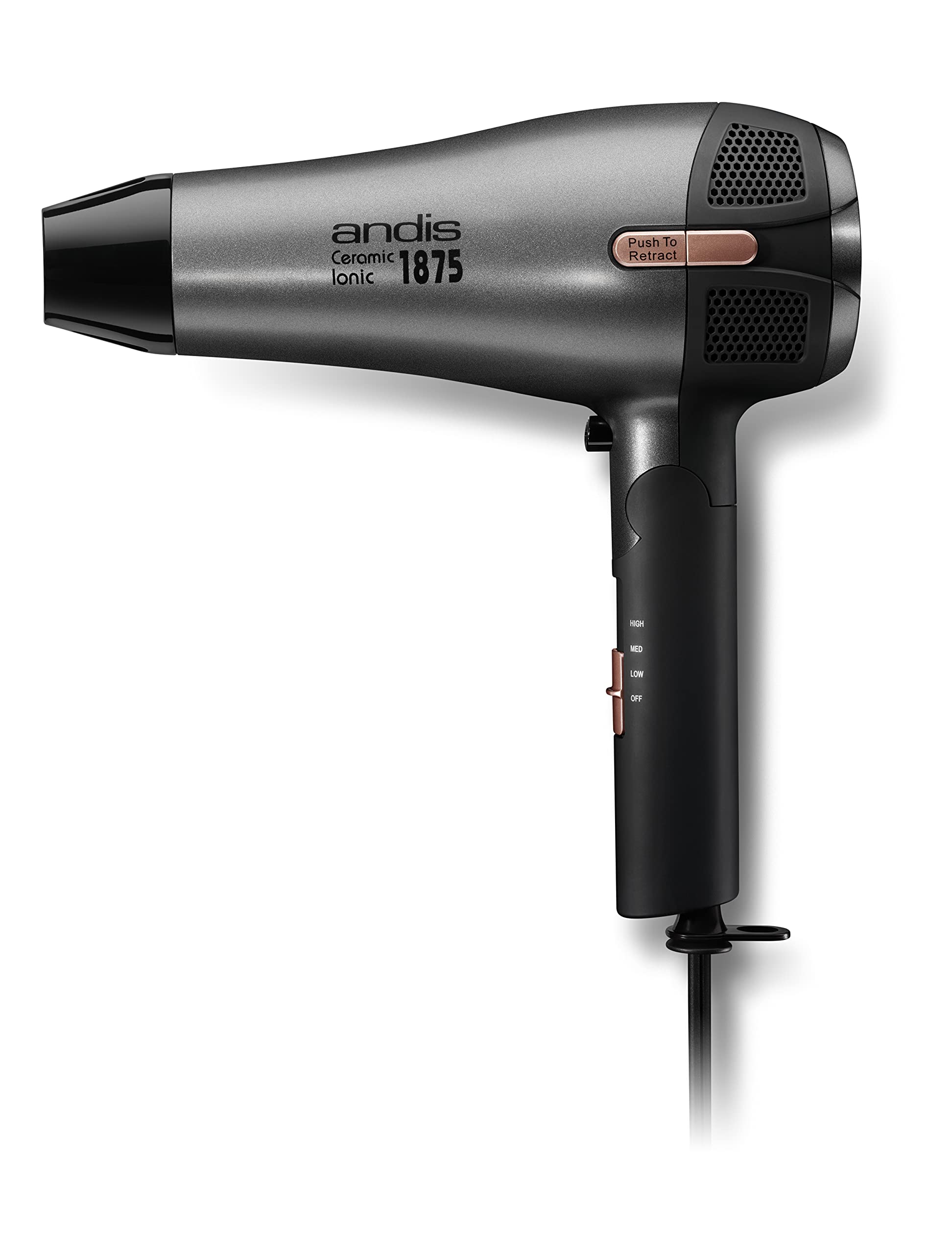 White Smoke Andis 80280 Fold-n-go 1875 Watt Ceramic Ionic Dryer, Retractable Cord, Lightweight with Professional Blowout Results, Quick Drying Blow Dryer, Black/Silver