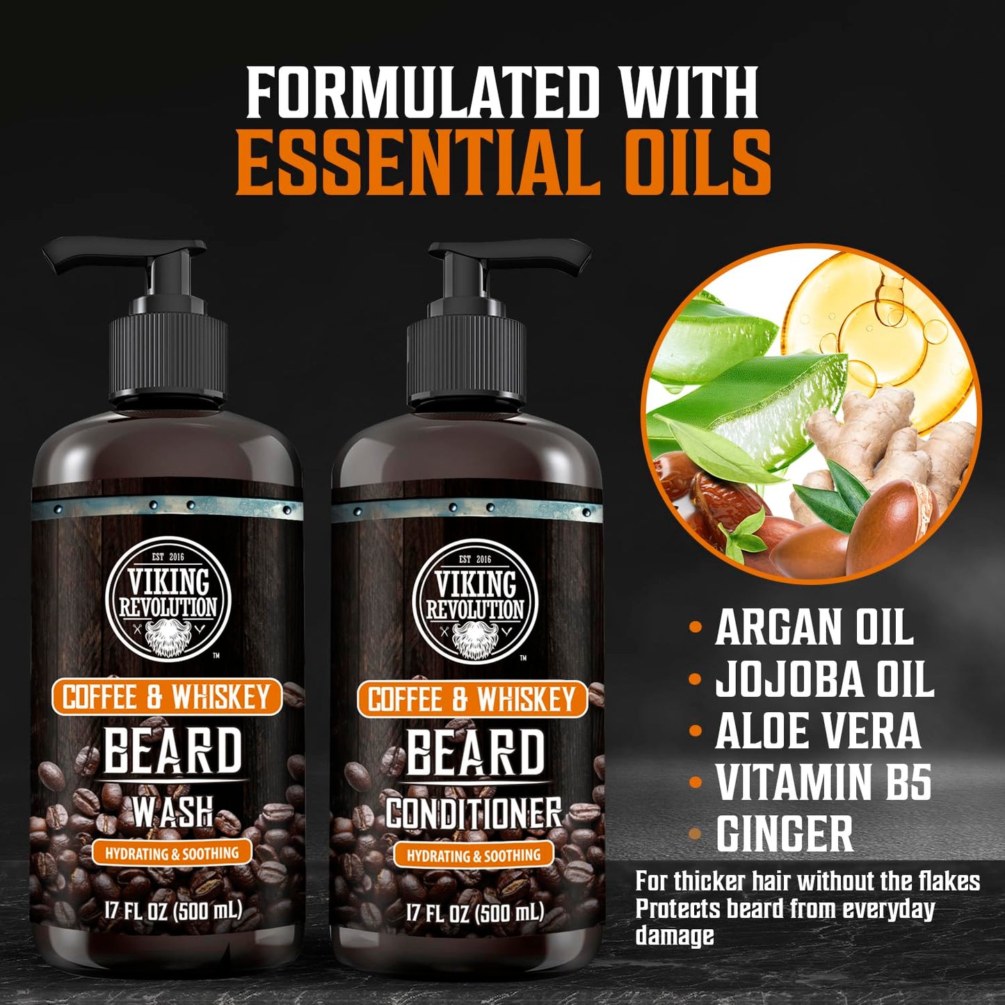 Black Viking Revolution Coffee Whiskey Beard Wash and Beard Conditioner Set with Argan and Jojoba Oils - Softens and Strengthens - Coffee Whiskey Scent - Beard Shampoo with Ginseng Root Extract (17 oz)