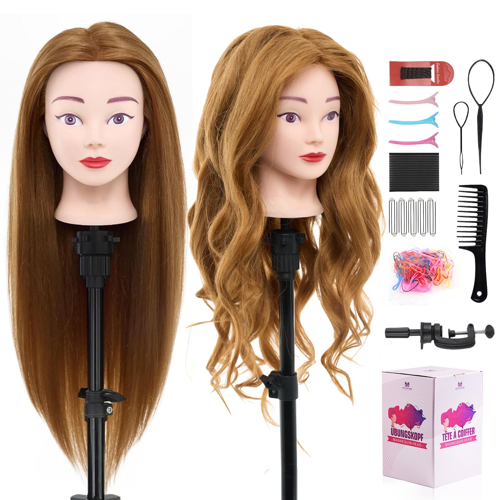 White Smoke 28" Mannequin Head with 80% Human Hair - Cosmetology Manikin Doll Head for Hair Styling, Training Practice Braiding Head with Table Clamp,DIY Hair Styling Set Suitable for Hair Extensions #27