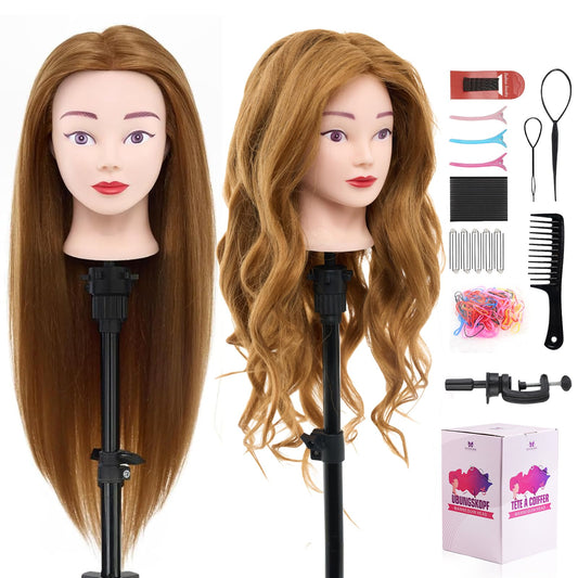 White Smoke 28" Mannequin Head with 80% Human Hair - Cosmetology Manikin Doll Head for Hair Styling, Training Practice Braiding Head with Table Clamp,DIY Hair Styling Set Suitable for Hair Extensions #27