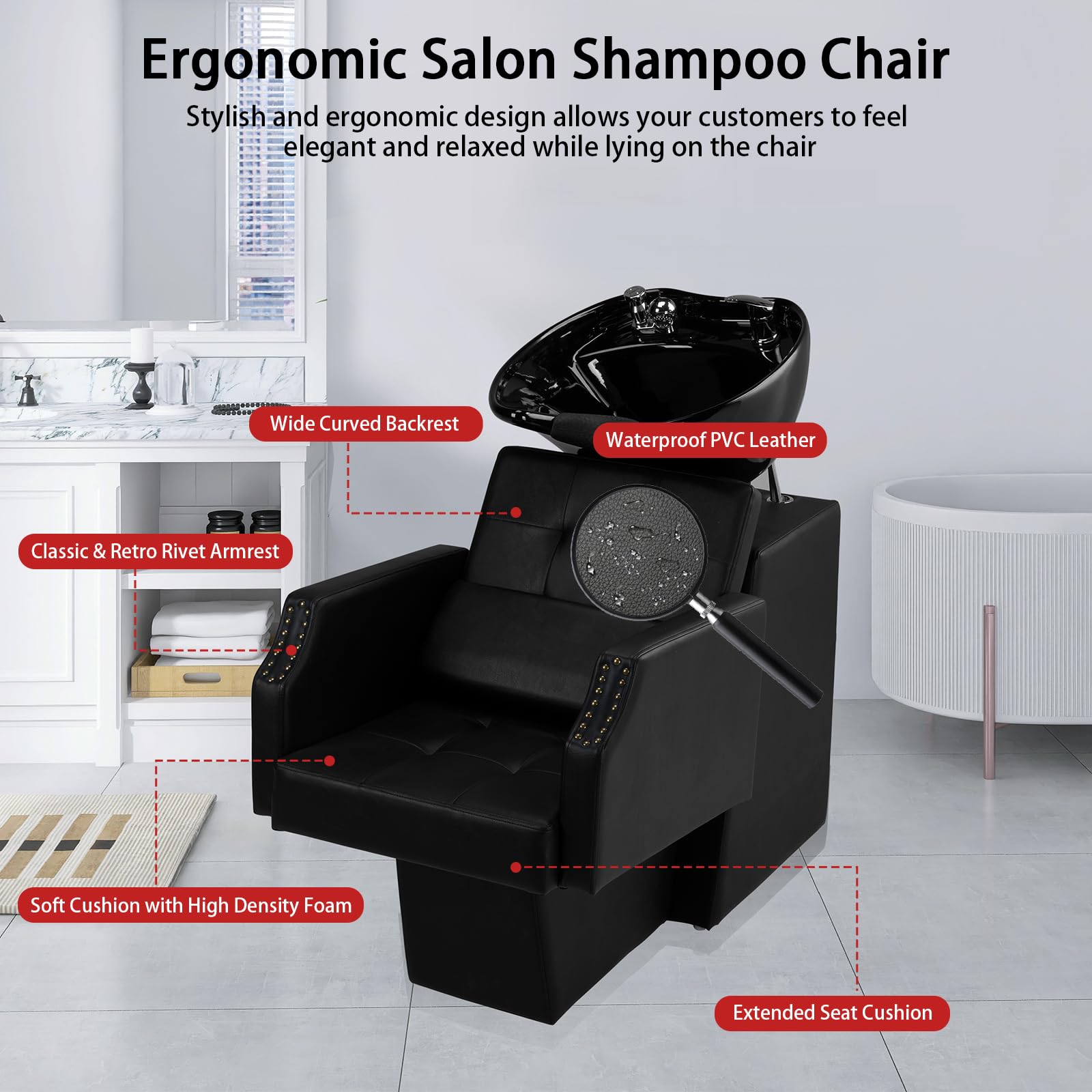 Light Gray Winado Shampoo Backwash Barber Chair with Large Ceramic Bowl, Adjustable Shampoo Bowl Sink Chair Station for Barbershop Beauty Spa Massage Hairdressing Equipment
