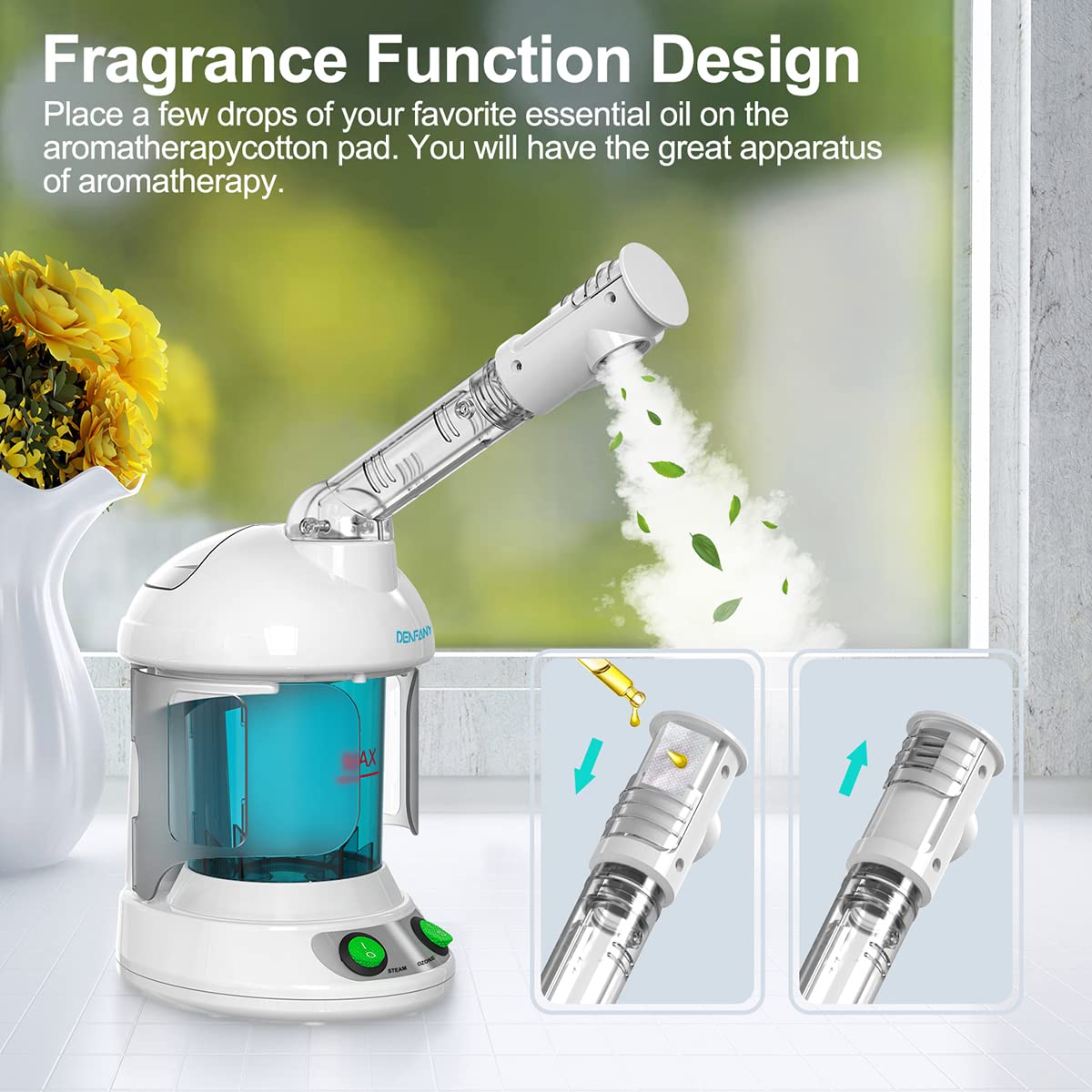 Light Gray Facial Steamer - DENFANY Nano Ionic Face Steamer with Extendable 360° Rotating Arm - Portable Facial Steamer for Personal Care at Home or Salo (Blue)