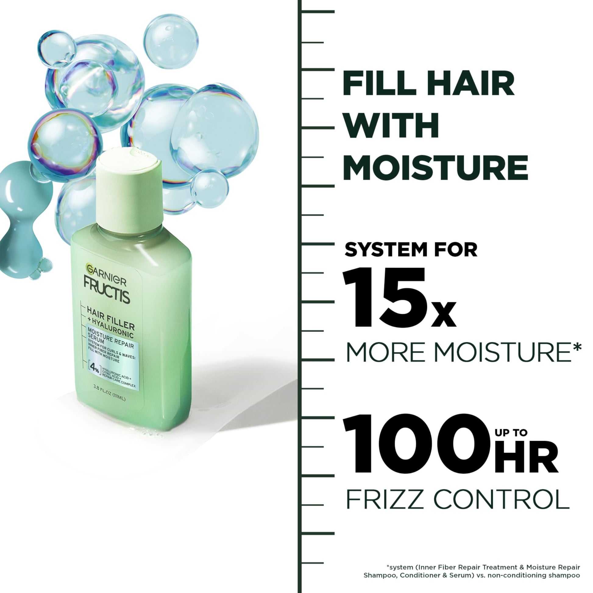 White Smoke Garnier Fructis Hair Filler Moisture Repair Serum Treatment, Moisturizing Hair Serum for Curls and Waves with Hyaluronic Acid, 3.75 Fl Oz, 1 Count