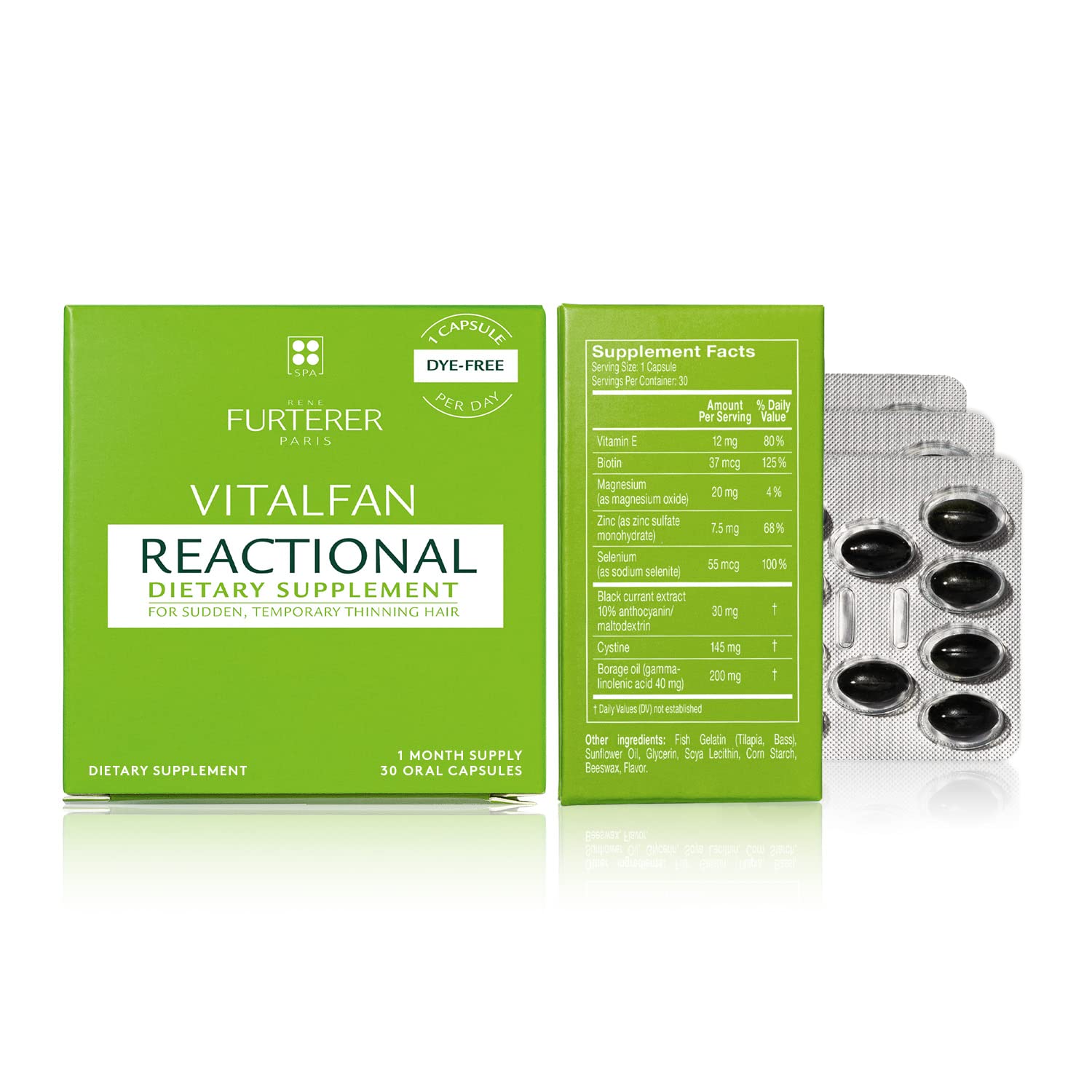 Yellow Green Rene Furterer VITALFAN Reactional Dietary Supplement - Sudden & Temporary Hair Thinning - Postpartum - Stress - Plant-Based