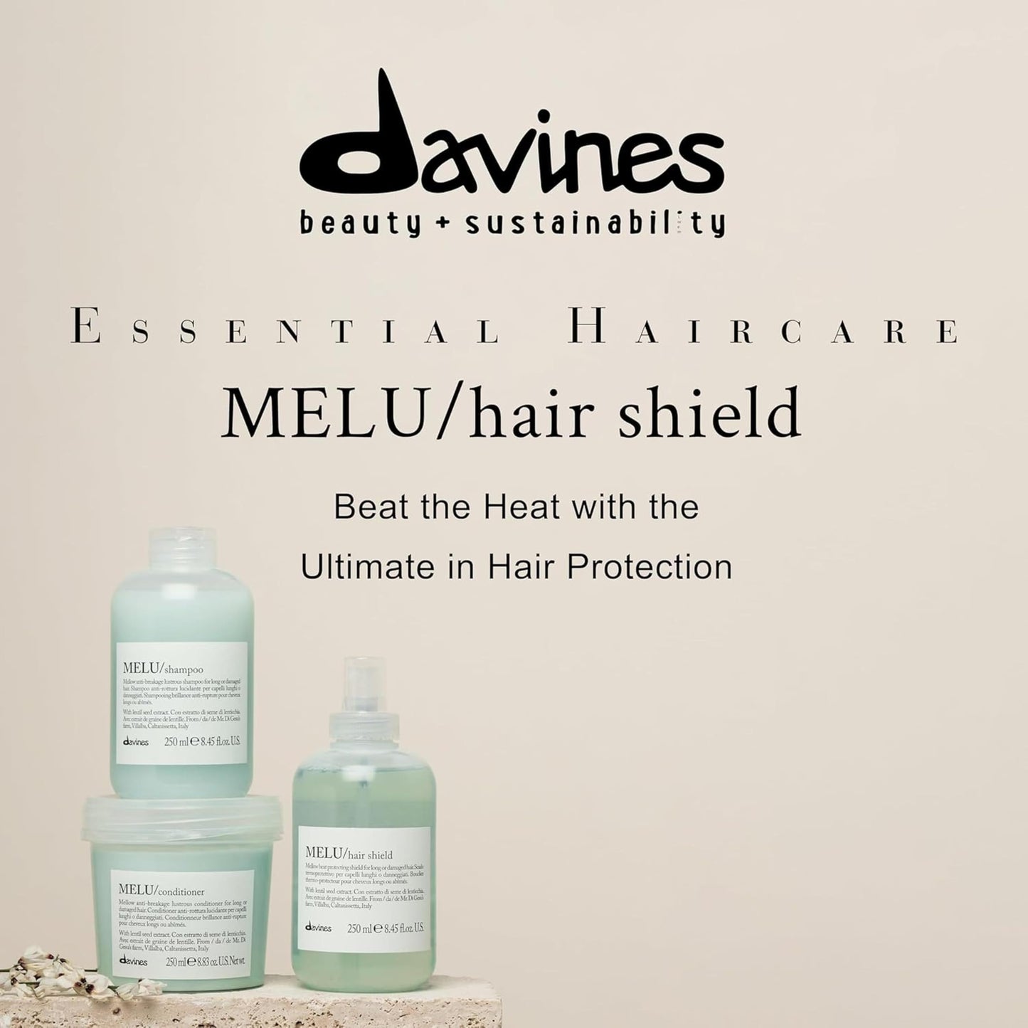 Light Gray Davines MELU Hair Shield, Thermal Leave-On Conditioning Antistatic Action for All Types of Hair - Ideal Heat Protectant from Stress Caused by Straightener or Blow Dryer with Lentil Seeds, 8.45 Fl Oz