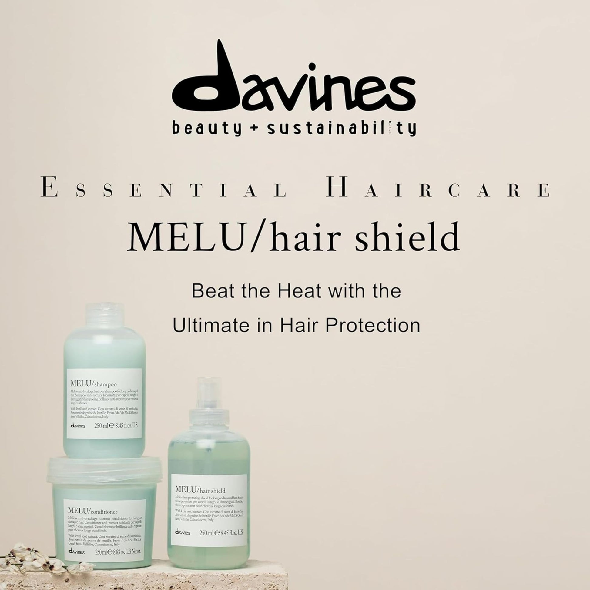 Light Gray Davines MELU Hair Shield, Thermal Leave-On Conditioning Antistatic Action for All Types of Hair - Ideal Heat Protectant from Stress Caused by Straightener or Blow Dryer with Lentil Seeds, 8.45 Fl Oz
