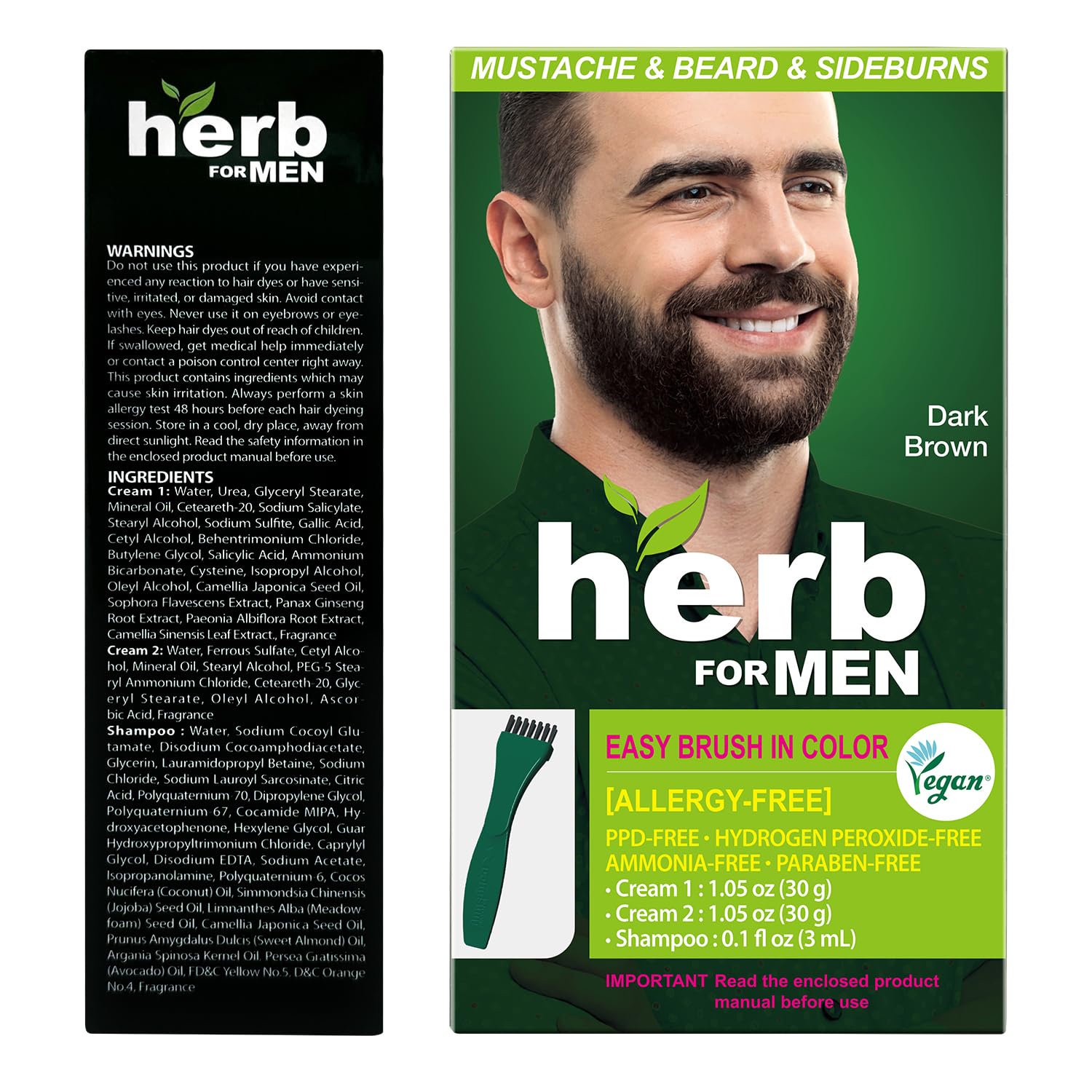 Dark Slate Gray Herb For Men Mustache & Beard Dye (Dark Brown, 1 Pack), PPD-Free Ammonia-Free, Vegan with Natural Ingredients, Gentle for Sensitive Skin, No Skin Irritation