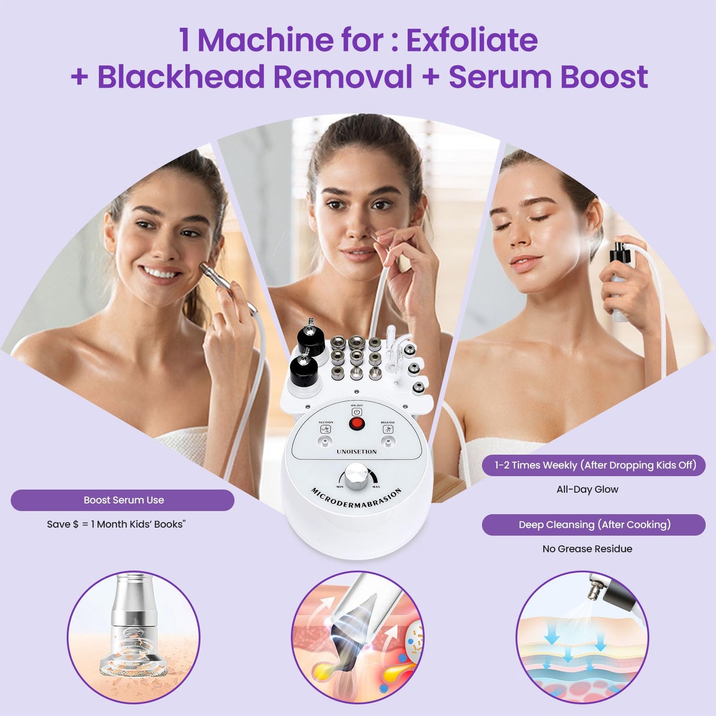 Lavender UNOISETION Diamond Microdermabrasion Machine Professional, 3 in 1 Dermabrasion Facial Peeling Skin Care Device for Salon Personal Home Use
