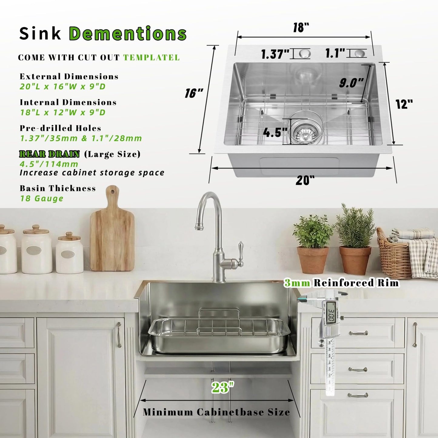 White Smoke Beleeb Drop In Kitchen Sink 20x16", 9" Basin Depth, 18 Gauge Stainless Steel Sink, 3D Embossed Surface Finish Top Mount with Accessories