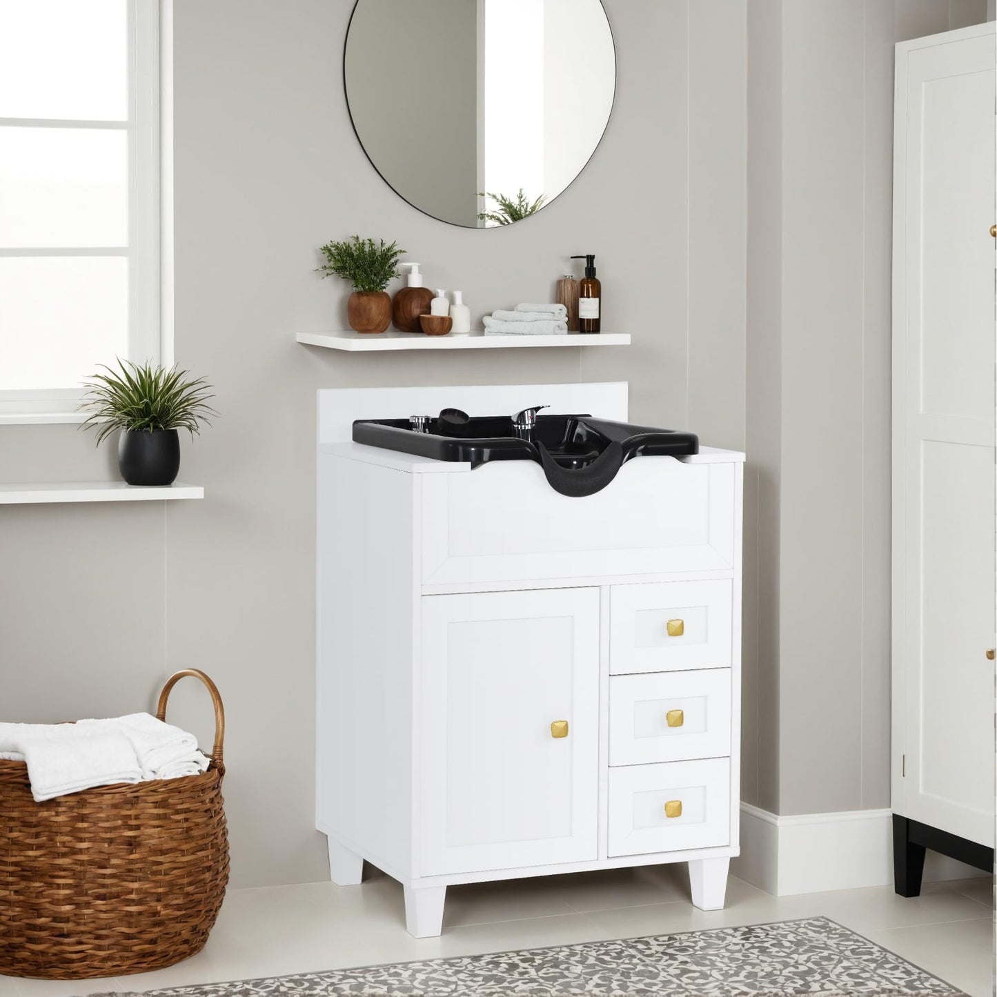 Gray BarberPub Barber Storage Shampoo Station, Spa Textured Embossed Cabinet with Shampoo bowl & Drawers, Hair Salon Sink Backwash Equipment 7131 (White)