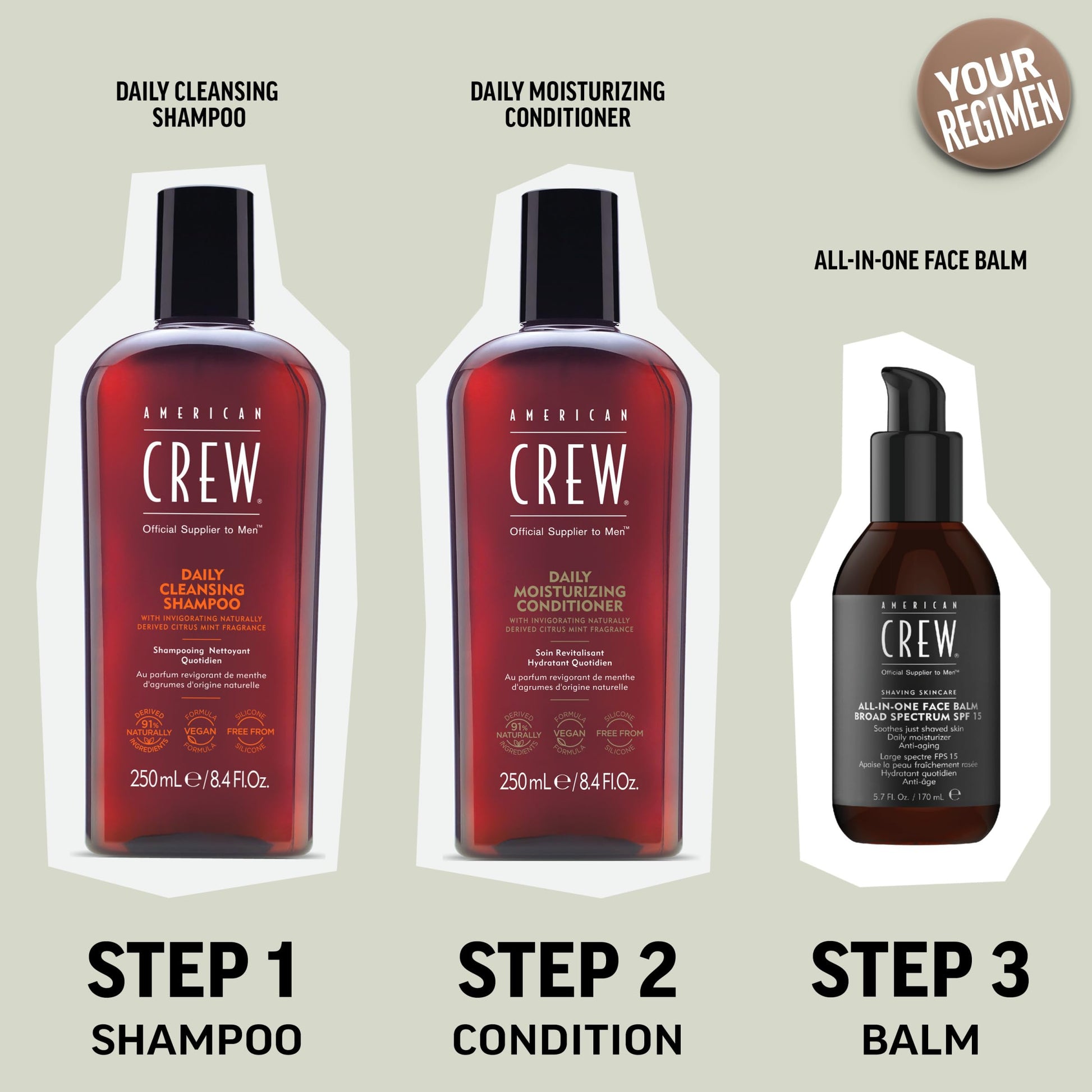 Light Gray American Crew Shampoo for Men, Daily Cleanser, Naturally Derived, Vegan Formula, Citrus Mint Fragrance, 33.8 Fl Oz