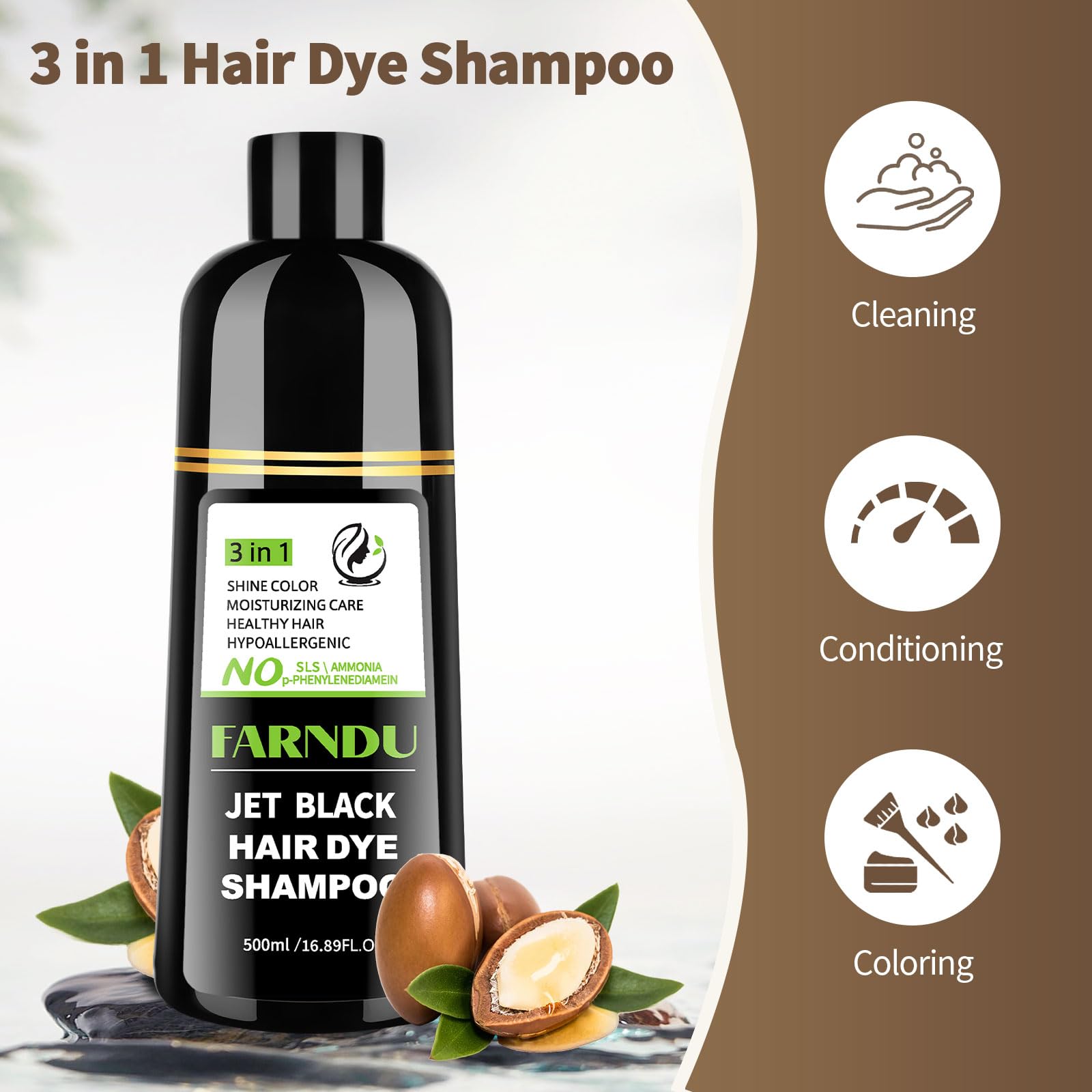 White Smoke Farndu Jet Black Hair Dye Shampoo Ammonia-free & PPD-free, Gray Hair Coverage Natural Herbal 3 in 1 Hair Color Shampoo for Women Men