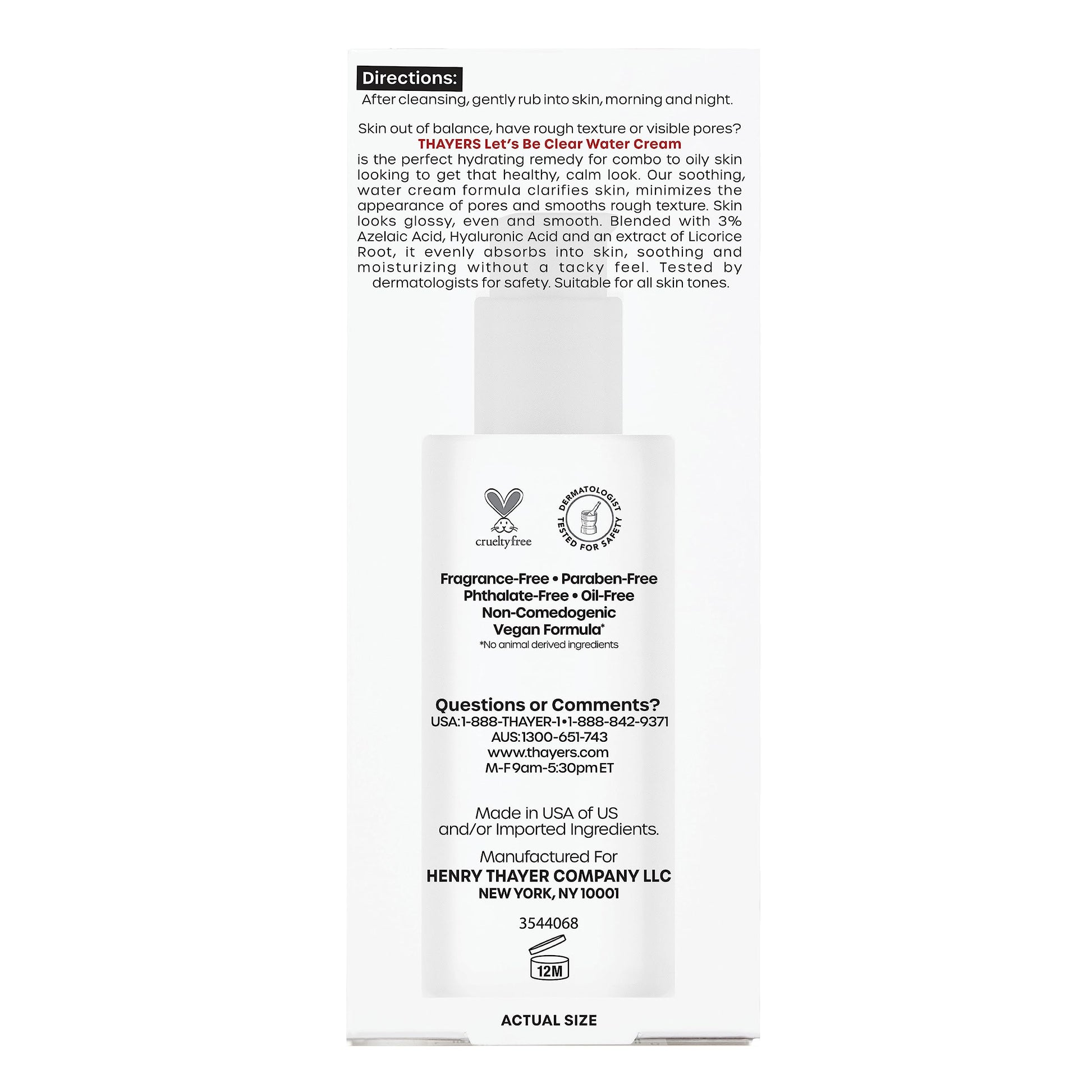 White Smoke THAYERS Let's Be Clear Water Face Cream, Moisturizer with Azelaic Acid and Hyaluronic Acid, Skin Care for Combination to Oily Skin, 2.5 Oz