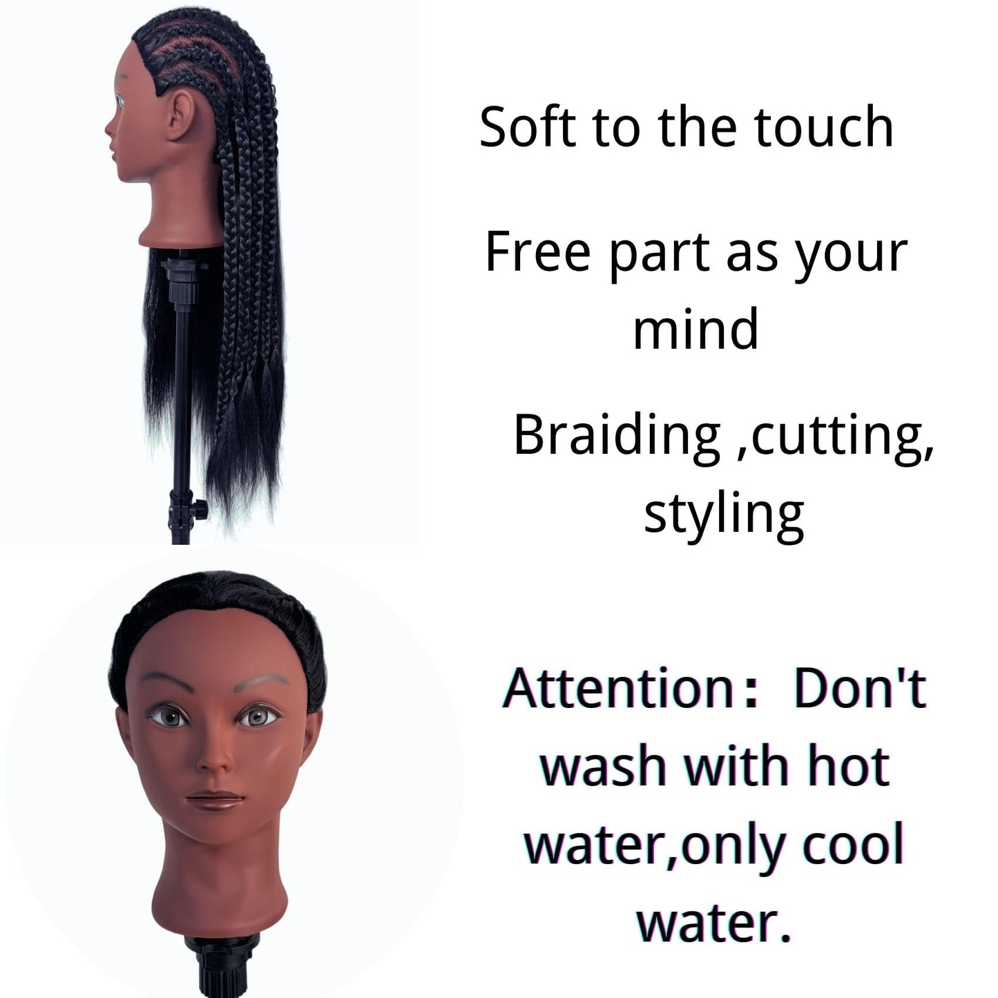White Smoke 26-28“ Hair Mannequin Head for Beginners Braiding Hair Styling Practice, Manikin Updo's Training Doll Head for kids with Stand