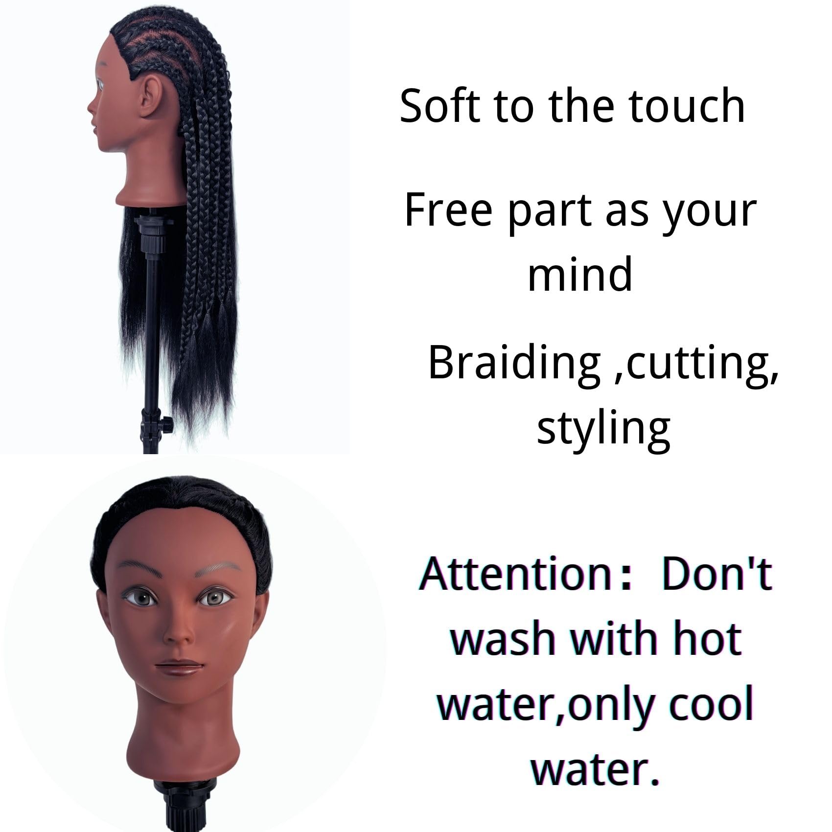 White Smoke 26-28“ Hair Mannequin Head for Beginners Braiding Hair Styling Practice, Manikin Updo's Training Doll Head for kids with Stand