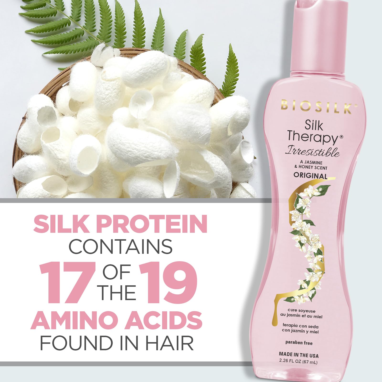 White Smoke BioSilk Irresistible Collection Silk Therapy Leave-in Treatment, For All Hair Types, Jasmine & Honey Scent, Sulfate, Paraben, & Cruelty-Free, 2.26 Oz