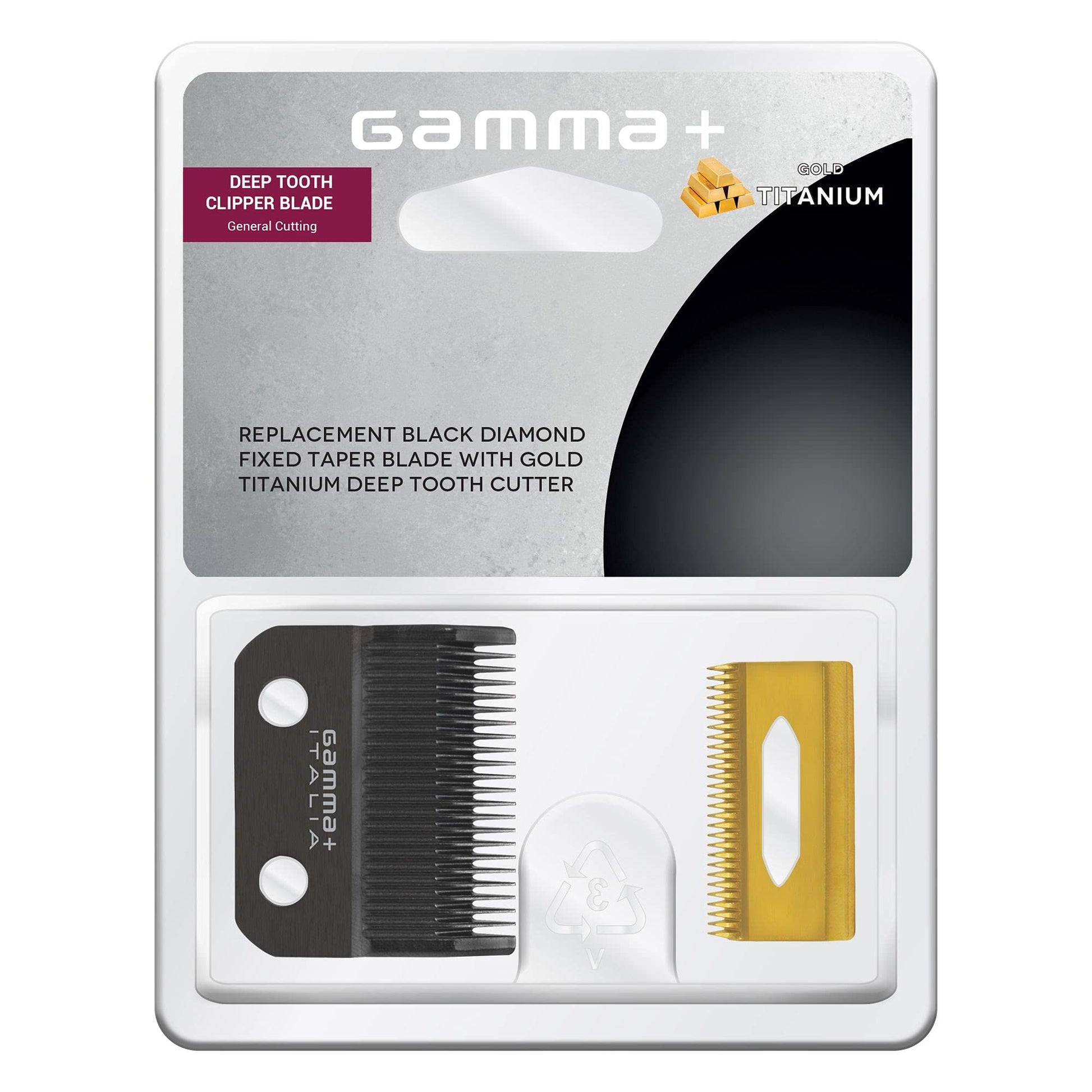 Lavender GAMMA+ Replacement Fixed Black Diamond Carbon DLC Taper Hair Clipper Blade with Moving Gold Titanium Deep Tooth Cutter Set