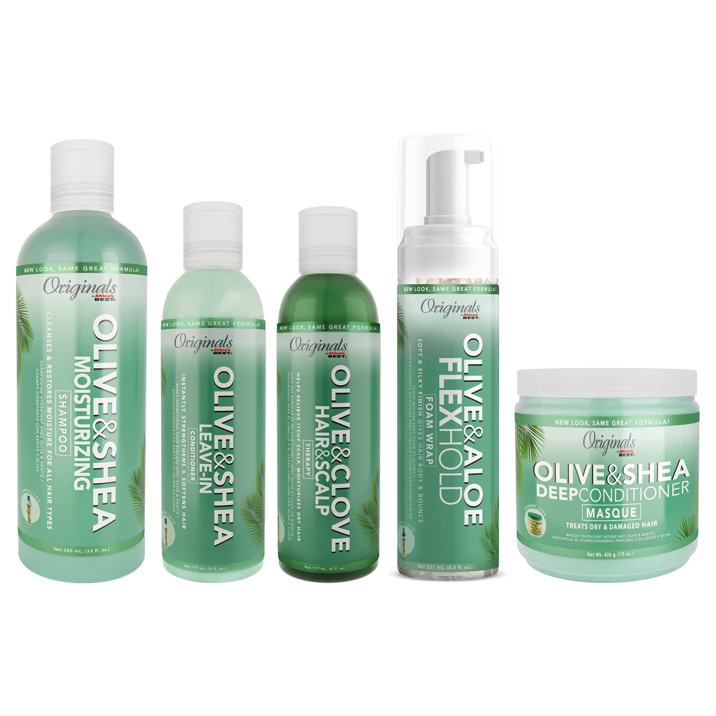 White Smoke Originals by Africa's Best Wash Day Deluxe Bundle Includes: Olive & Shea Shampoo & Conditioner, Olive & Shea Leave In Conditioner, Olive & Clove Oil Therapy, Olive & Aloe Foam Wrap Lotion
