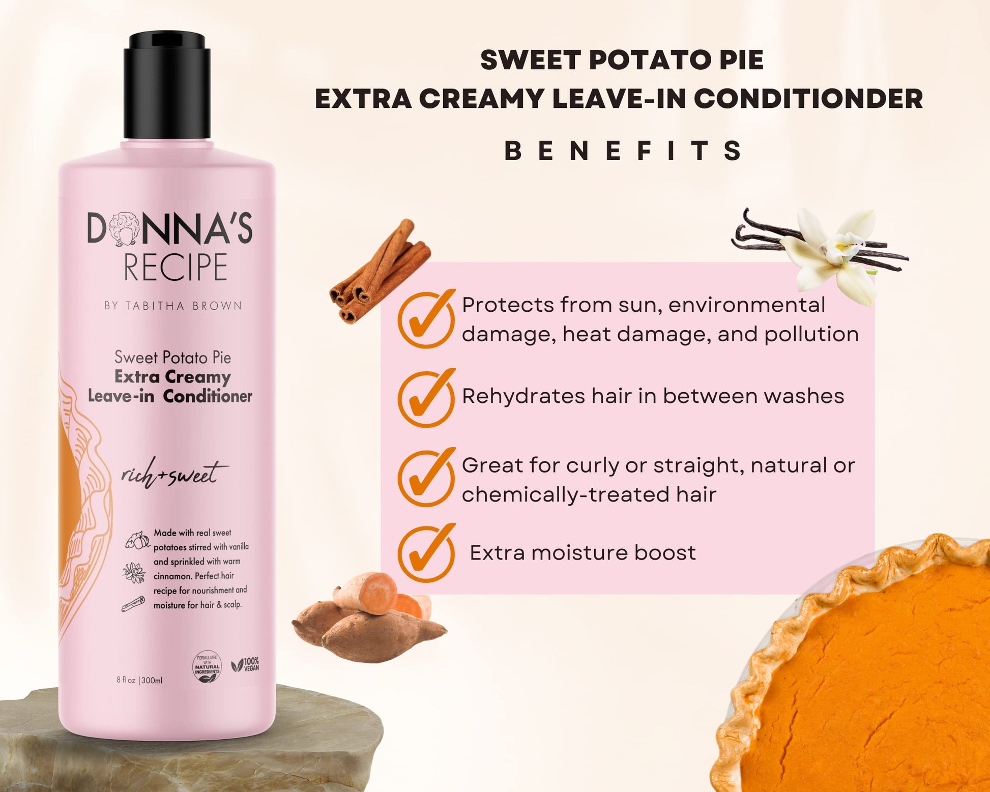 Seashell Donna's Recipe by Tabitha Brown – Sweet Potato Pie Extra-Creamy Leave-In Conditioner – Deep Moisture & Curl Definition – Sulfate-Free – 8 oz