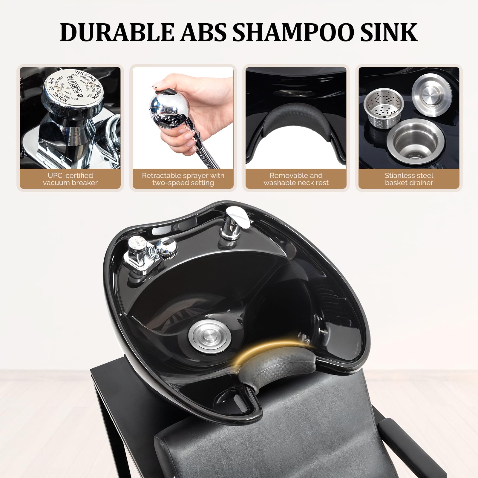 White Smoke OmySalon Shampoo Bowls for Salon, Hair Washing Station w/Porcelain Sink & Storage Shelf, Backwash Barber Chair Shampoo Unit for Beauty Spa Barbershop