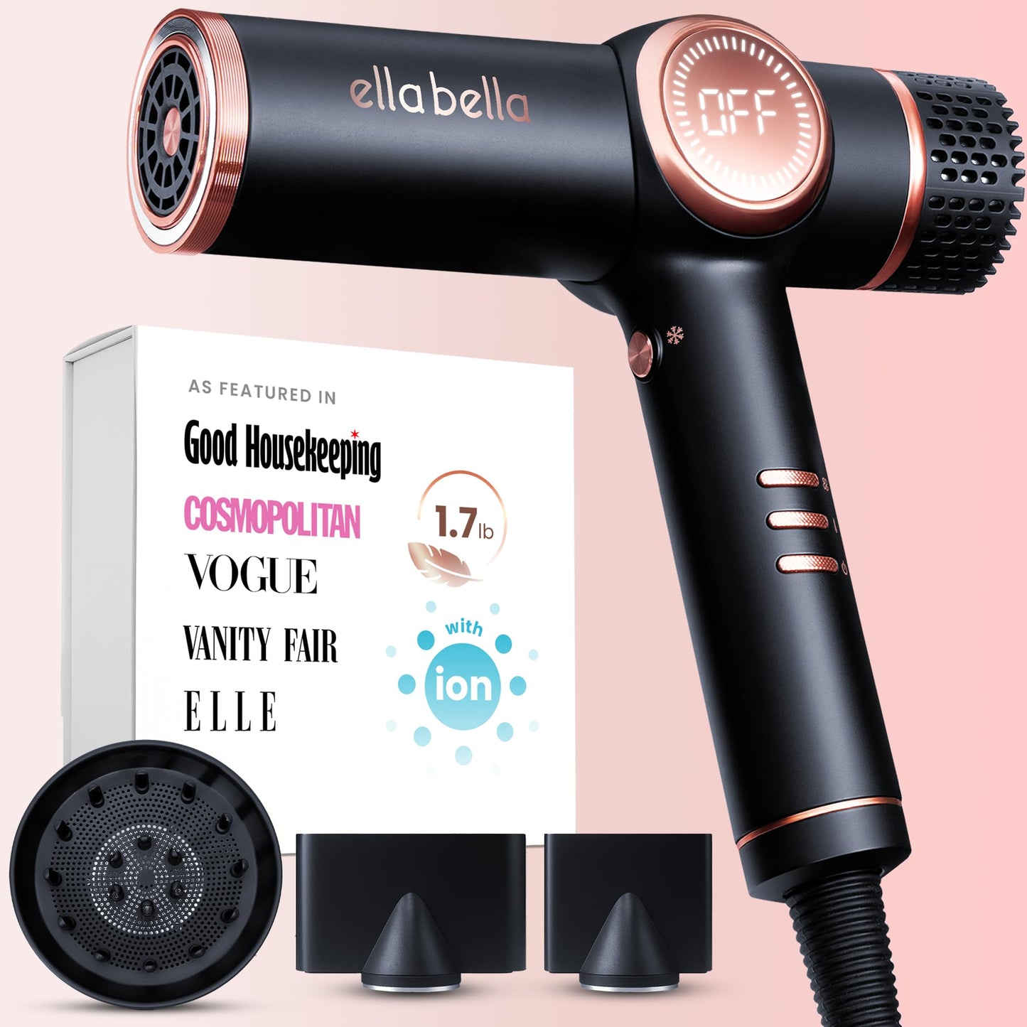 White Smoke ELLA BELLA® Professional Ionic Hair Dryer with Diffuser • Negative Ion Blow Dryer • Suitable All Hair Types • Intelligent Heat Control & Rapid Drying Speeds • Lightweight Design • Low Noise Technology