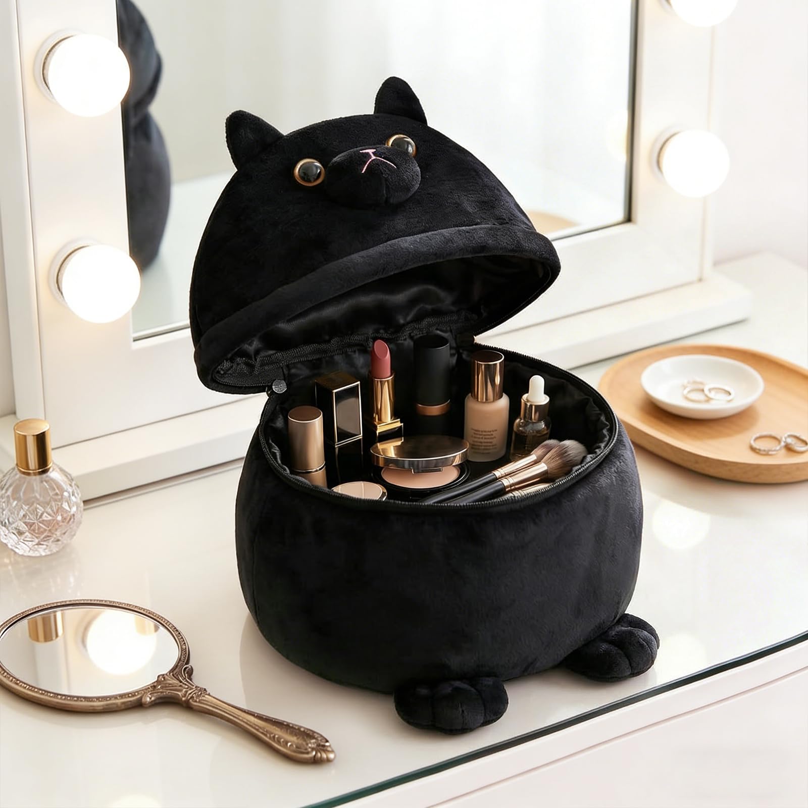 White Smoke Cantustime Funny Cat Makeup Bag - Large Capacity Cute Travel Toiletry Cosmetic Bag Pouch Organizer - Mothers Day Easter Birthday Christmas Unique Gifts for Women Teen Girls Cat Lovers-Black
