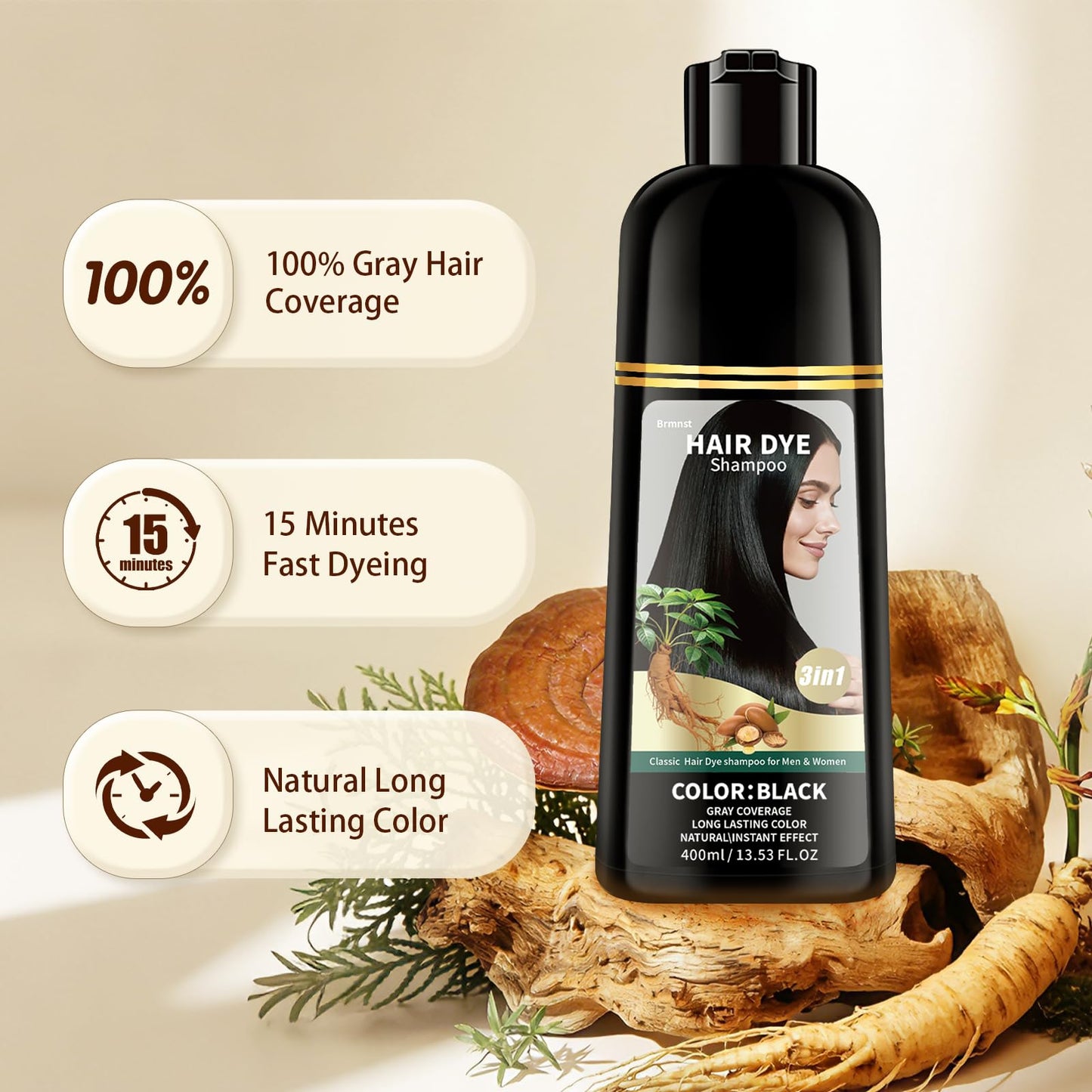 Tan Black Hair Color Shampoo for 100% Gray Hair Coverage, 3 in 1 Black Hair Dye Shampoo for Women Men with Argan Oil Nourishing Scalp and Hair