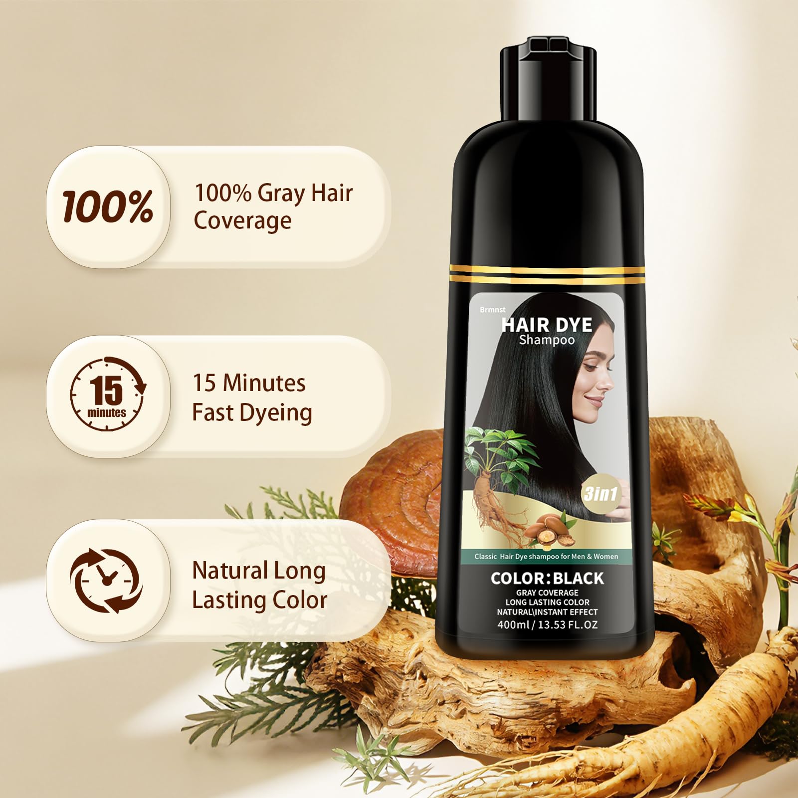 Tan Black Hair Color Shampoo for 100% Gray Hair Coverage, 3 in 1 Black Hair Dye Shampoo for Women Men with Argan Oil Nourishing Scalp and Hair