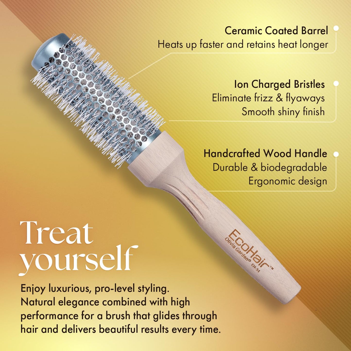 Sandy Brown Olivia Garden EcoHair Thermal Bamboo Round Hair Brush - Not Electrical - Ceramic Blowout Brush for Normal to Thick Hair, 1 1/4"