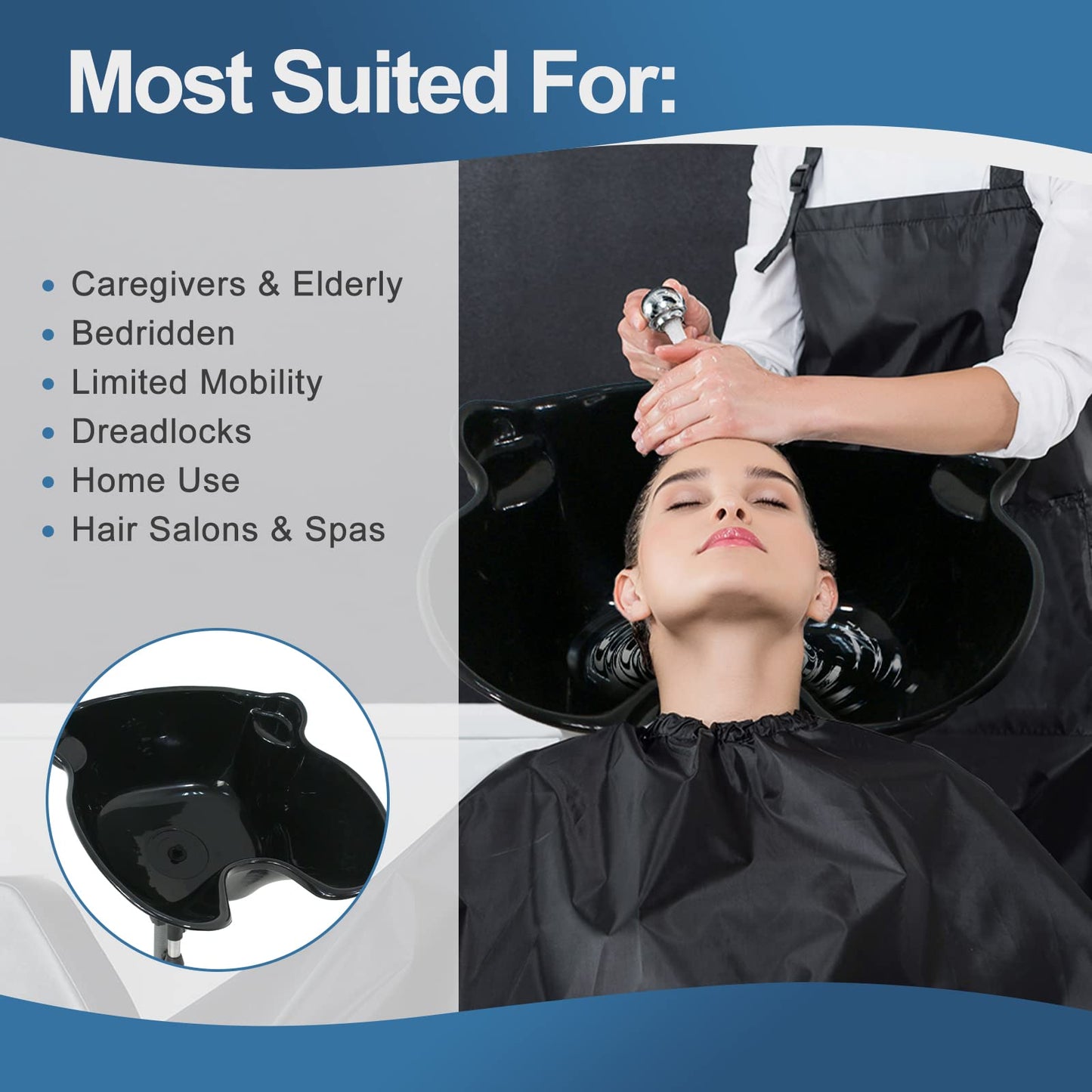 Gray Height Adjustable Portable Salon Deep Shampoo Basin Sink Hair Treatment Bowl with Drain Hose Black