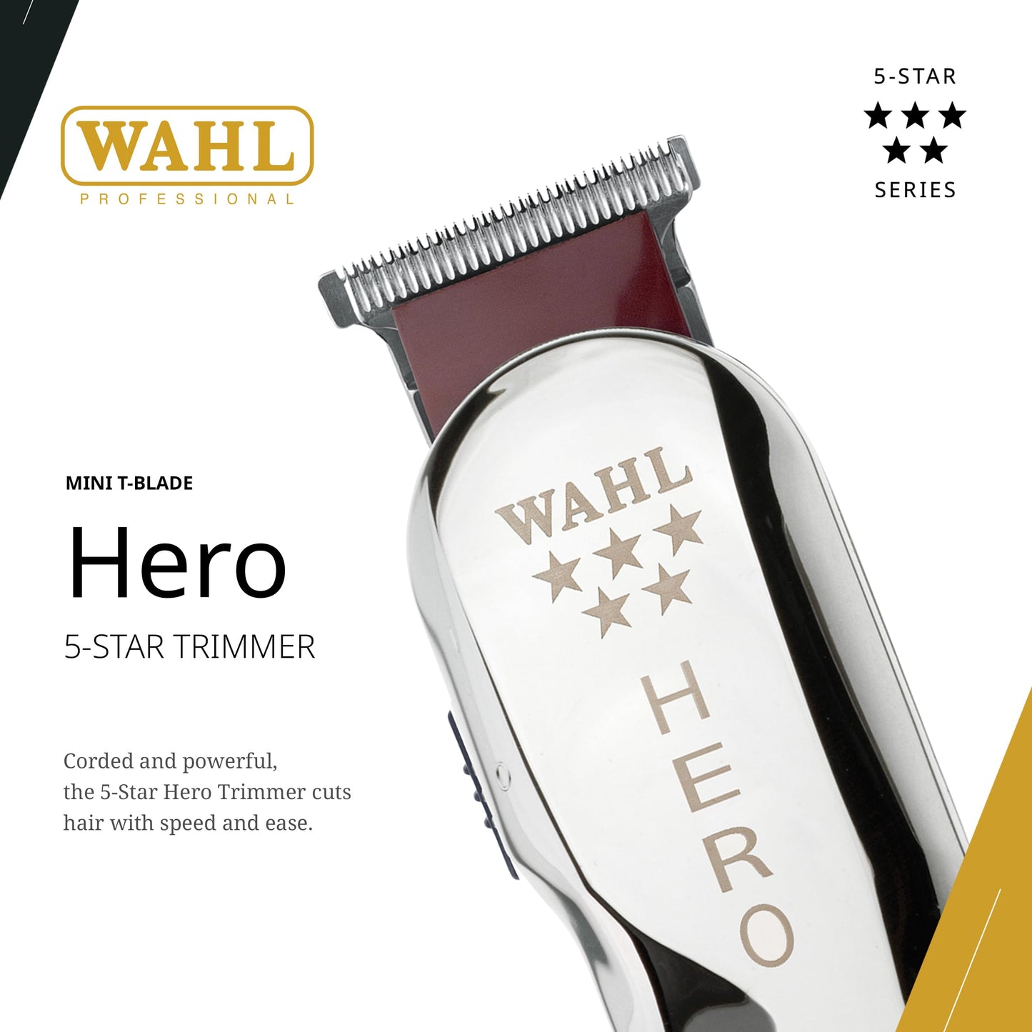 White Smoke Wahl Professional 5 Star Hero Trimmer, Corded, Adjustable T-Blade, Lightweight Rotary Motor, Includes 3 Guides for Precision Lining