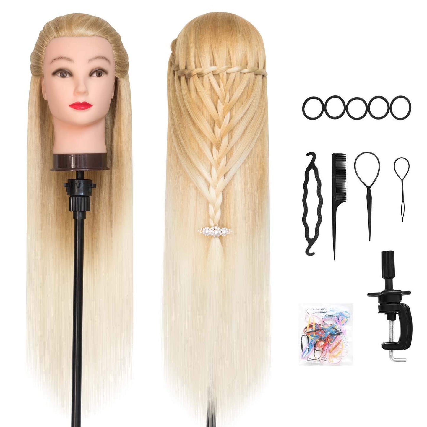 White Smoke DANSEE 28" Mannequin Head Synthetic Hair Hairdresser Training Manikin Cosmetology Doll Head Blonde with DIY Braiding Set+ Free Table Clamp(27-613)