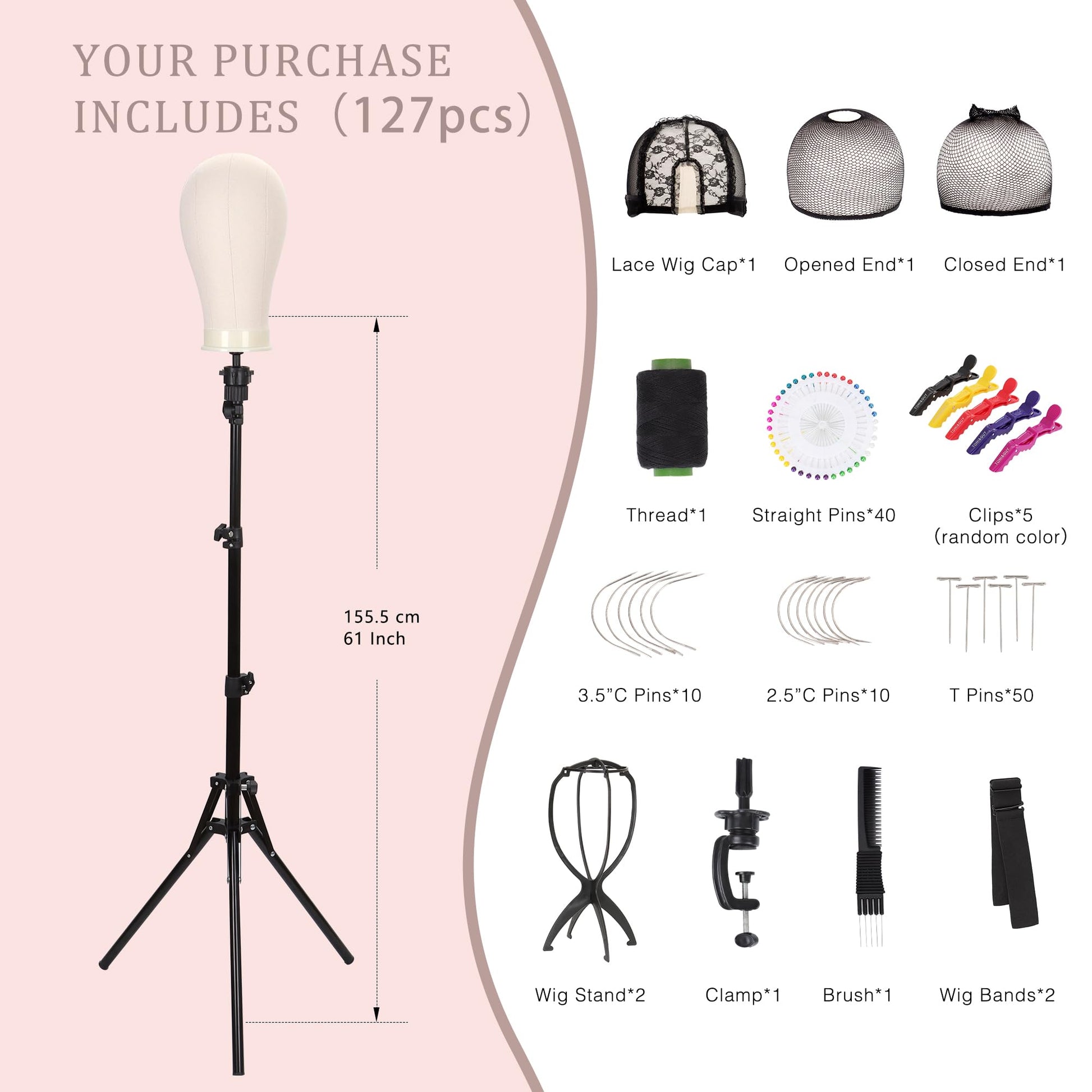 White Smoke Demides 22'' Canvas Wig Head with 61'' Adjustable Tripod Stand, Mannequin Head Set for Styling, Display – Includes Caps, Elastic Bands, Stand & Tool Kit for Beginners and Professionals