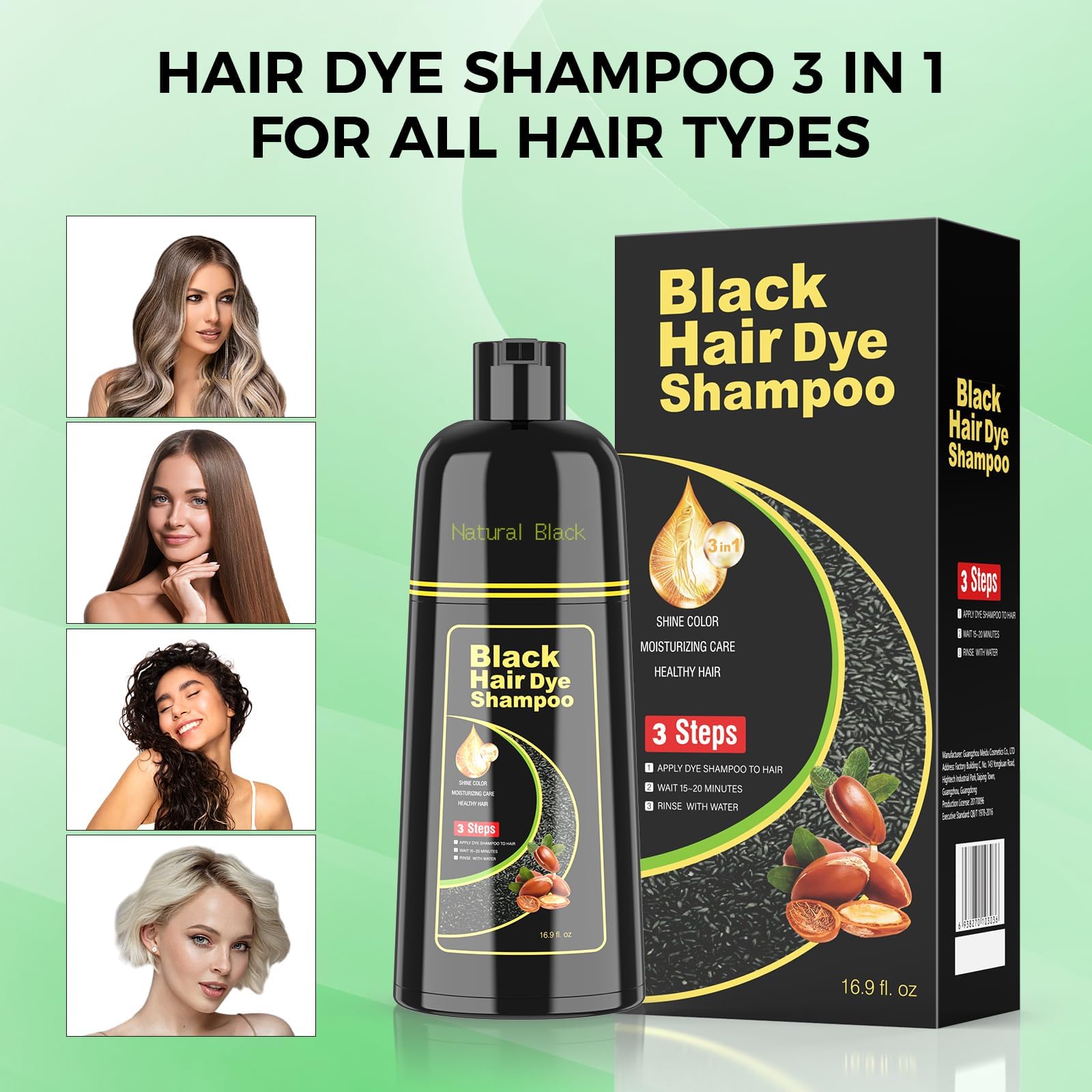 Light Gray BELEZALIB Black Hair Dye Shampoo for Woman & Man, Argan Hair Color Shampoo 3 in 1, Semi-Permanent Gray Hair Coverage, Mild Formula, Lasts 30 Days(16.90 oz)