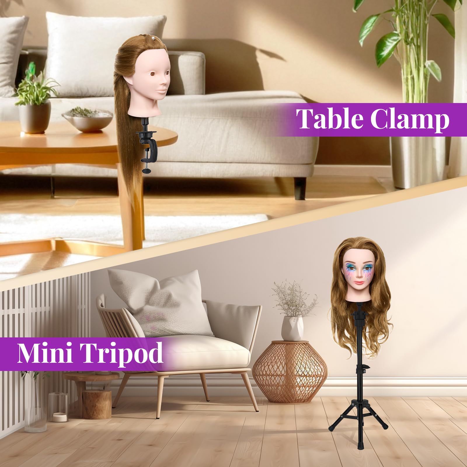 Gray Mannequin Head with 80% Real Human Hair with Tripod Stand - 28" Makeup Cosmetology Manikin Doll Head for Hair Styling, Hairdressing Training Head for Braiding Practice Suitable for Hair Extensions