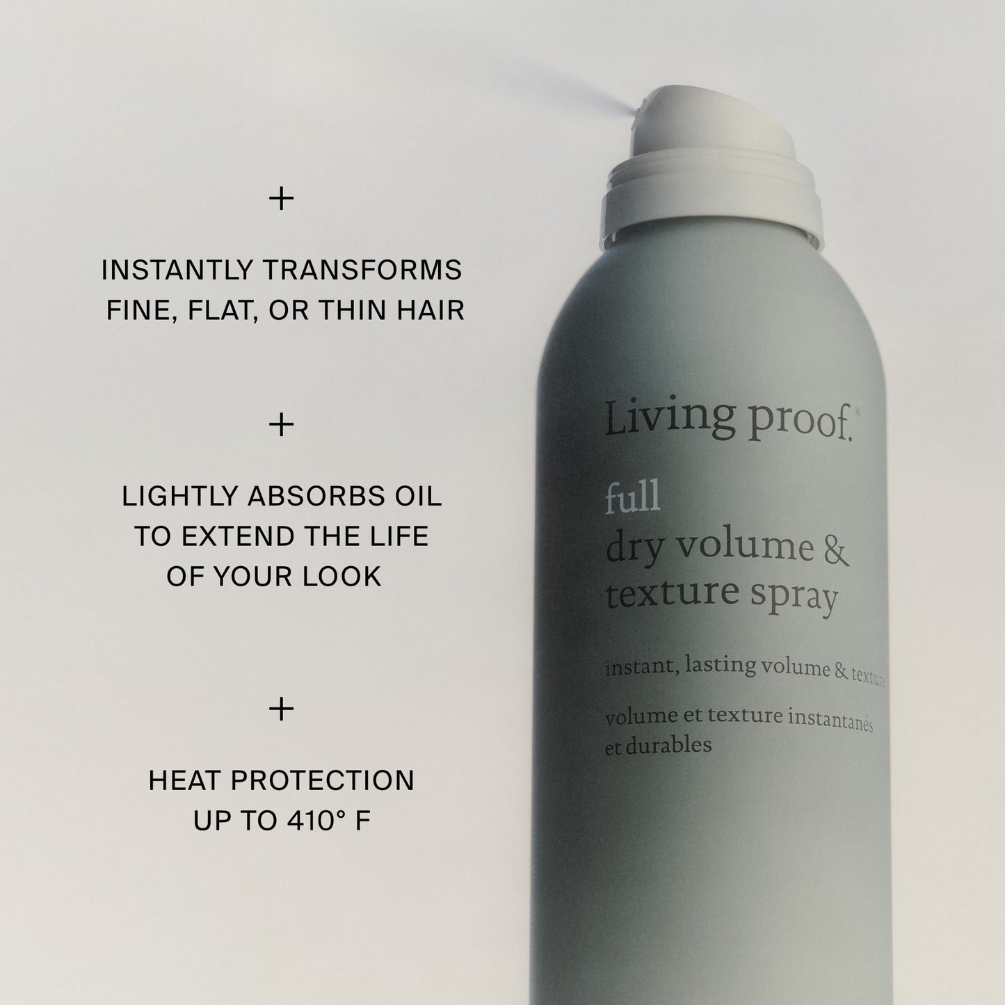 Light Gray Living proof Full Dry Volume & Texture Spray – Instant Volume, Texture, Oil Absorption, Heat Protection, Lightweight Hold for Fine or Flat Hair, 7.5 oz