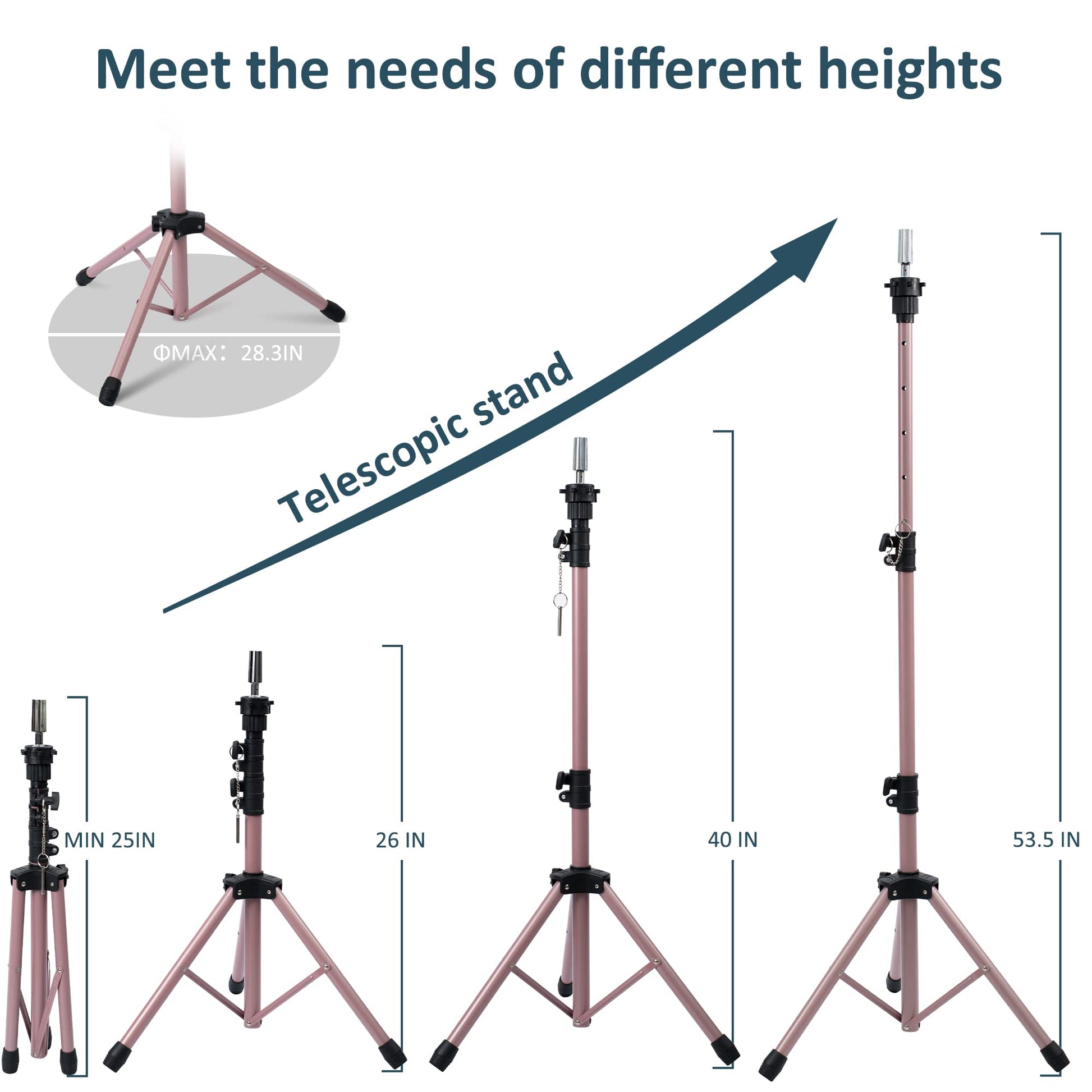 White Smoke Klvied Wig Stand Tripod Upgraded, Mannequin Head Stand Double Locking, Reinforced Metal Wig Head Stand with Tool Tray, Rose Gold (53.5 Inches)