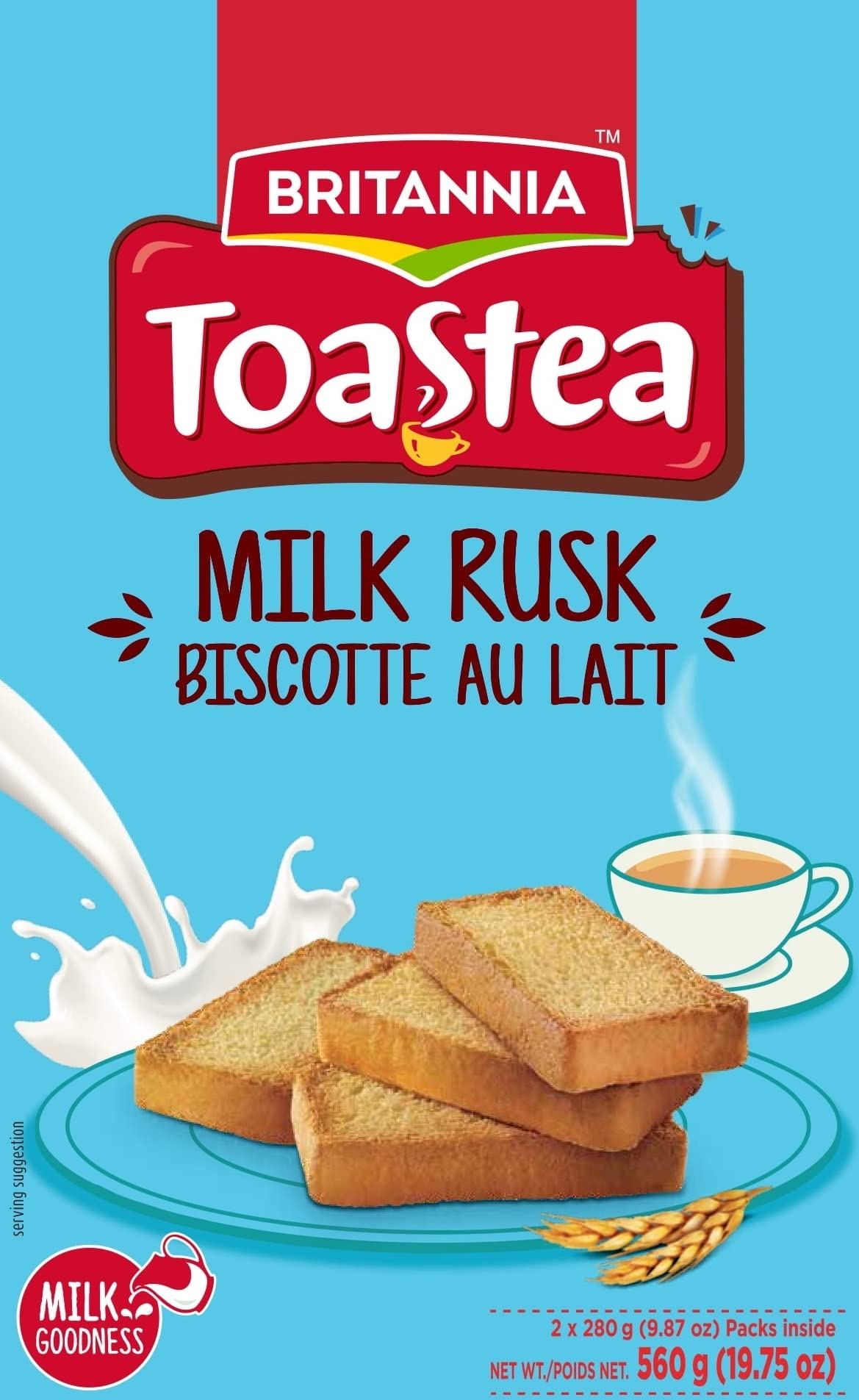 Medium Turquoise BRITANNIA Toastea Milk Rusk 19.75oz (560g) - Biscotte Au Lait - Crispy, Crunchy Tea Moments - Breakfast & Tea Time Snacks (Pack of 6)