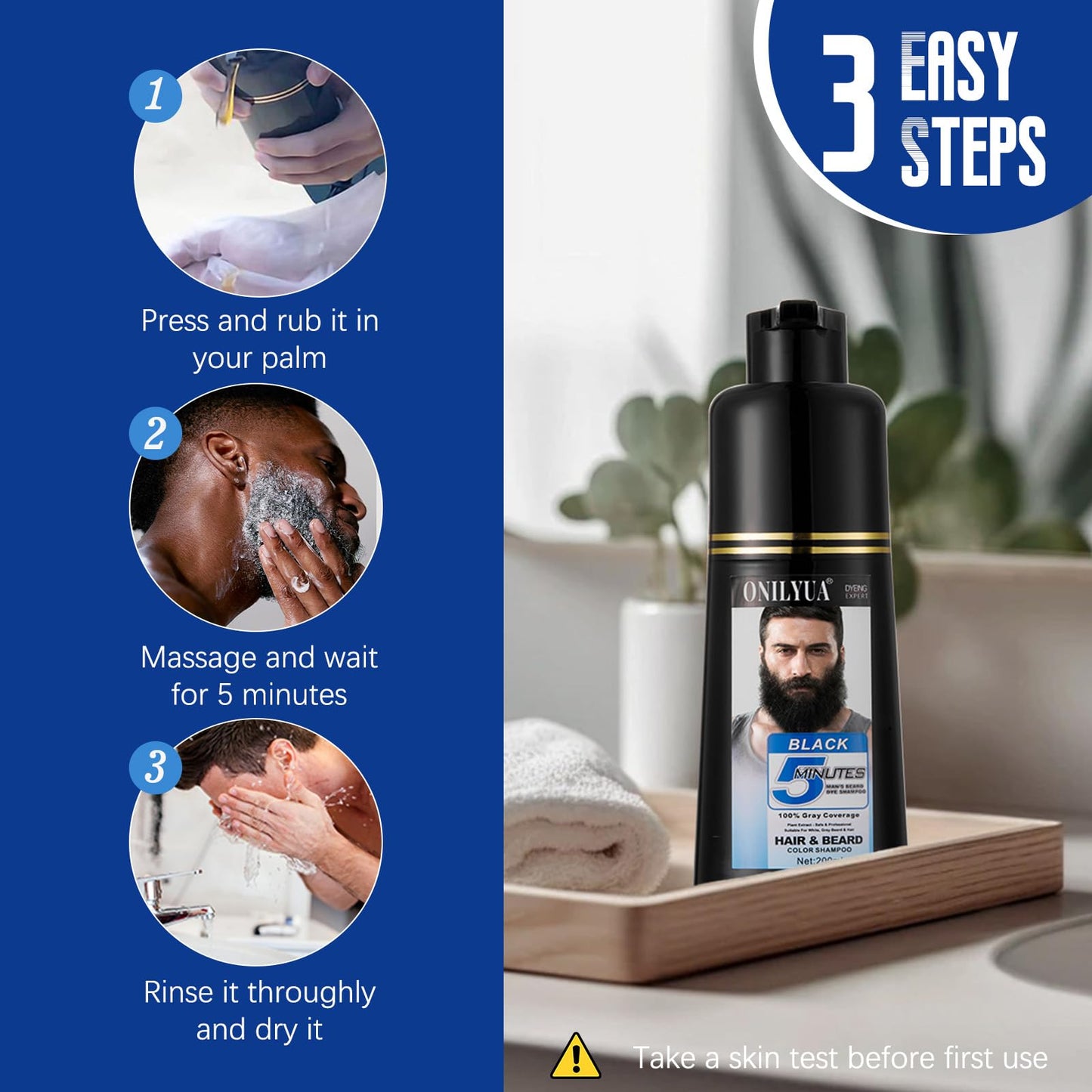 Midnight Blue Mens Black Beard Dye Shampoo 3 in 1, 5 Minutes Grey Reducing Beard Mustache Color Shampoo Simpler, Easy Application Quick & Safe Portable, 200ML