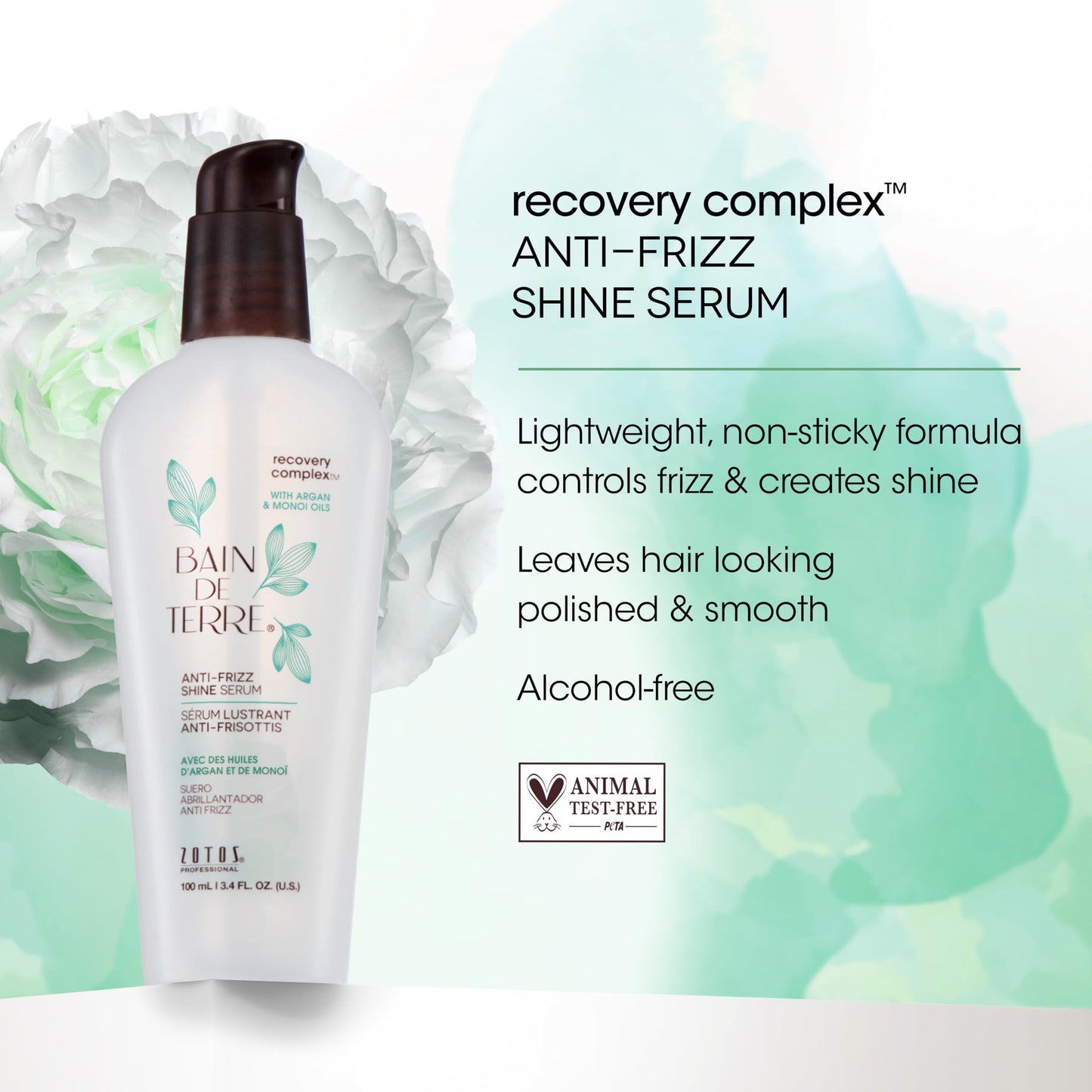White Smoke Bain de Terre Recovery Complex Anti-Frizz Shine Serum, Silky Shine & Frizz Control with Argan & Monoi Oils, Paraben-Free, Alcohol-Free, Color-Safe, Vegan, 3.4 Fl Oz