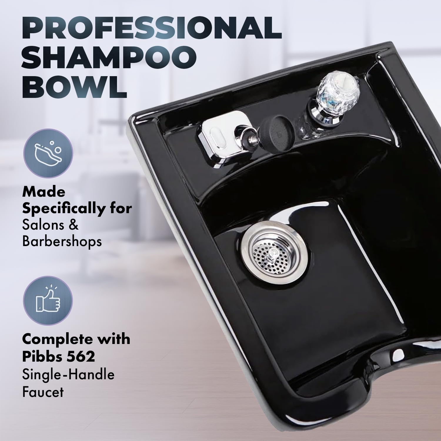 Black Pibbs Heavy-Duty Black Porcelain Shampoo Bowl for Professional Salons, Single-Handle Faucet, Spray Hose & Hardware. Wall-mounted design, PIB-5300