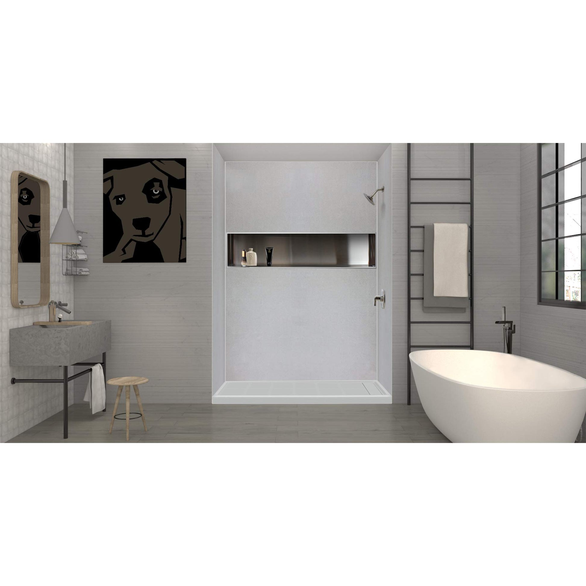 Gray Transolid FL6036L-39 Linear 60-in L x 36-in W Rectangular Alcove Concealed End Drain Shower Base with Left Hand Drain, Grey