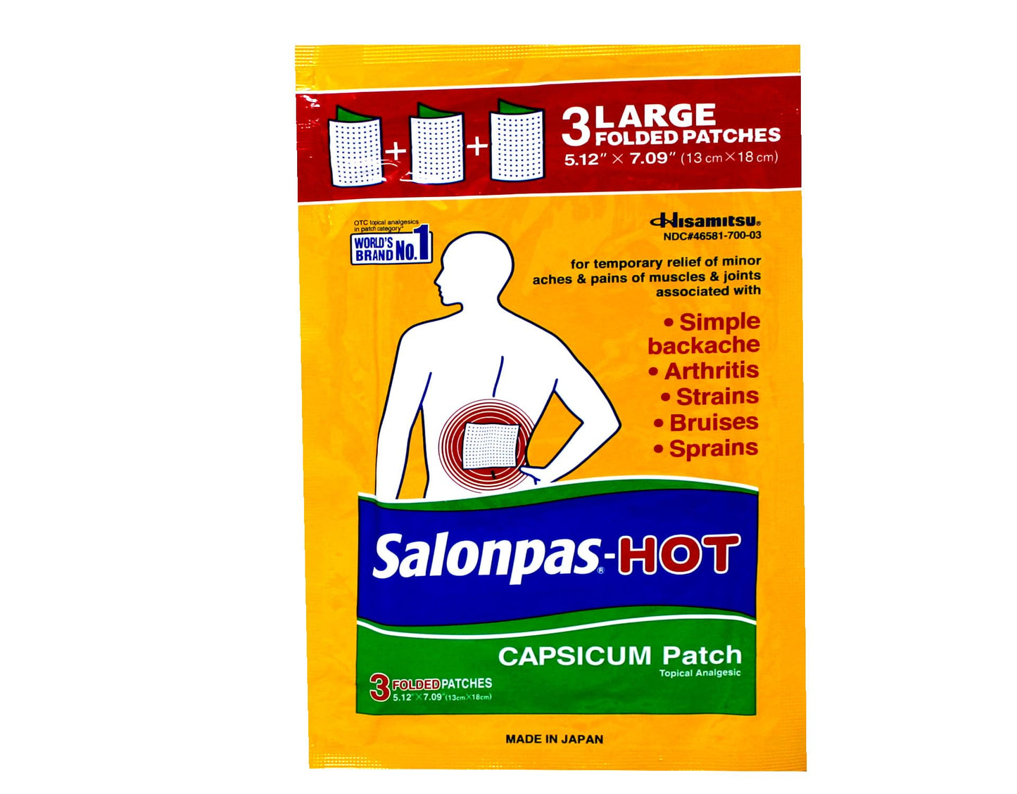 Orange Salonpas Pain Relieving HOT Capsicum Patch, 3 Count per Pack Pack, for Back, Neck, Shoulder, Knee Pain and Muscle Soreness, 8 Hour Pain Relief Pack of 2